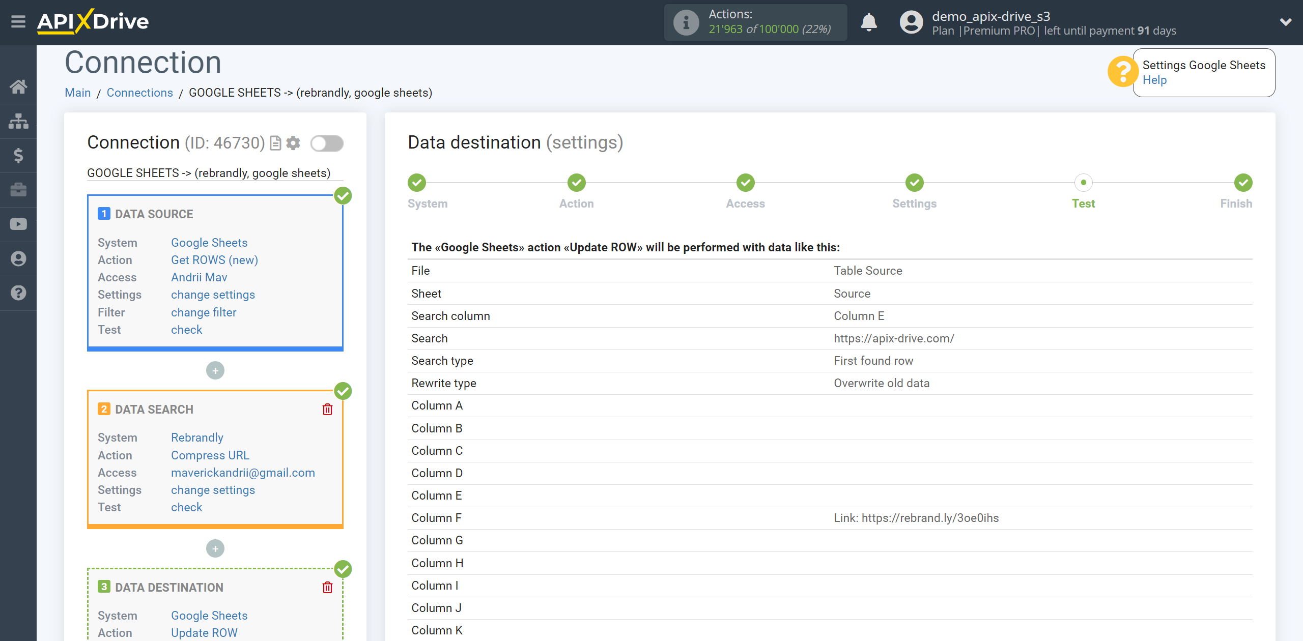 Setting up Rebrandly Data Search in Google Sheets | Test data