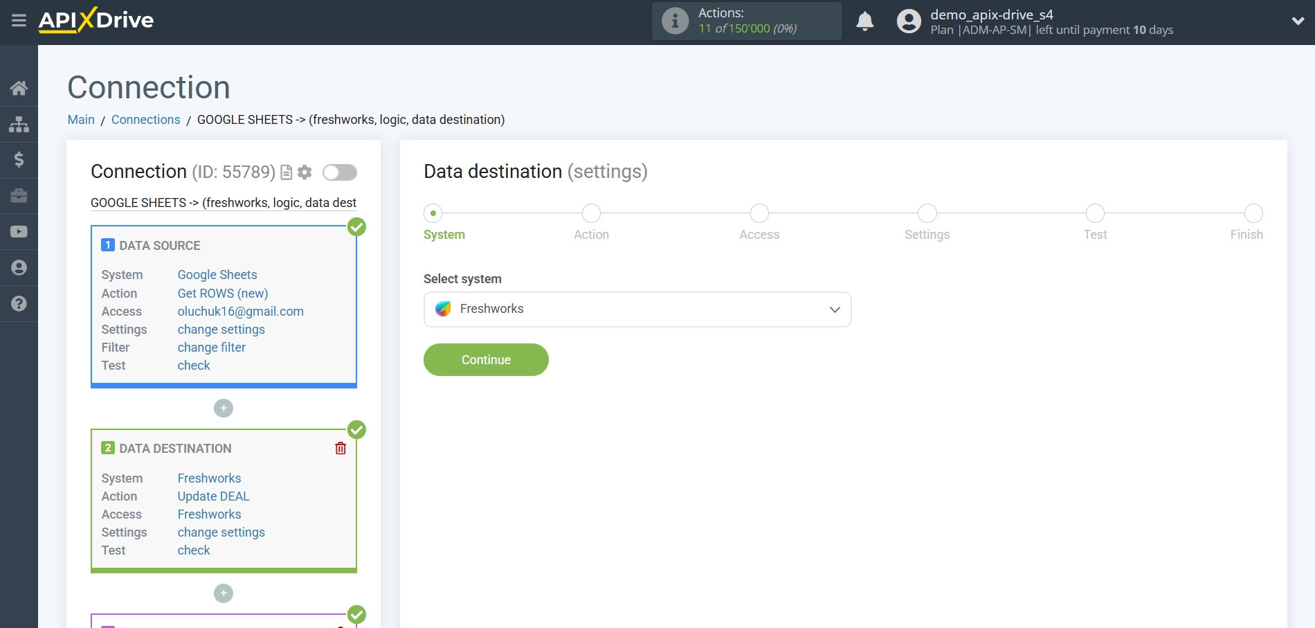 How to setup&nbsp;Freshworks Update Deal / Create Deal | System selection a Data Destination