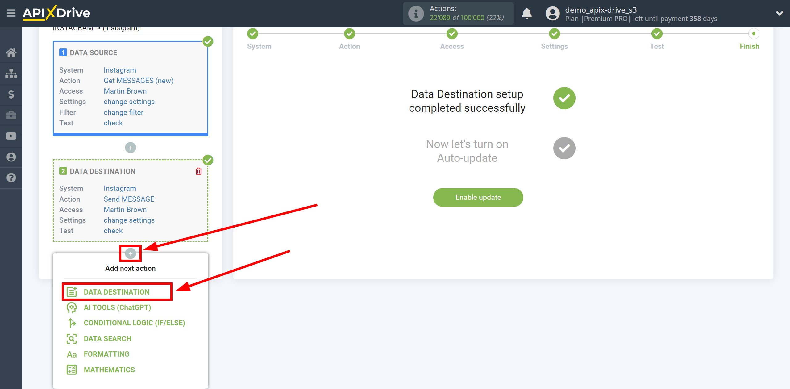 How to Connect Instagram Direct as Data Destination | Start setting up Google Sheets Data Destination