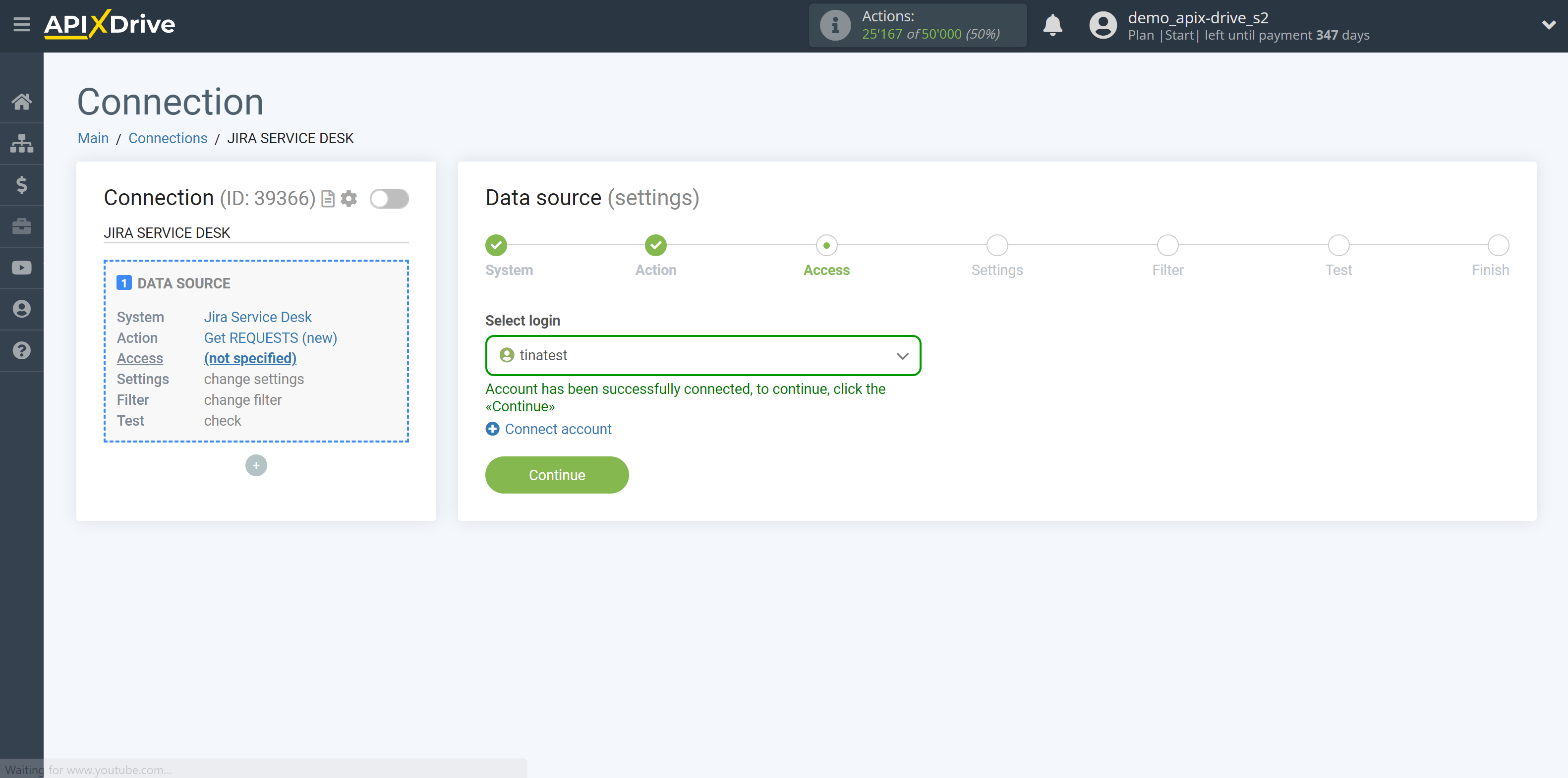 How to Connect Jira Service Management as Data Source | Account selection