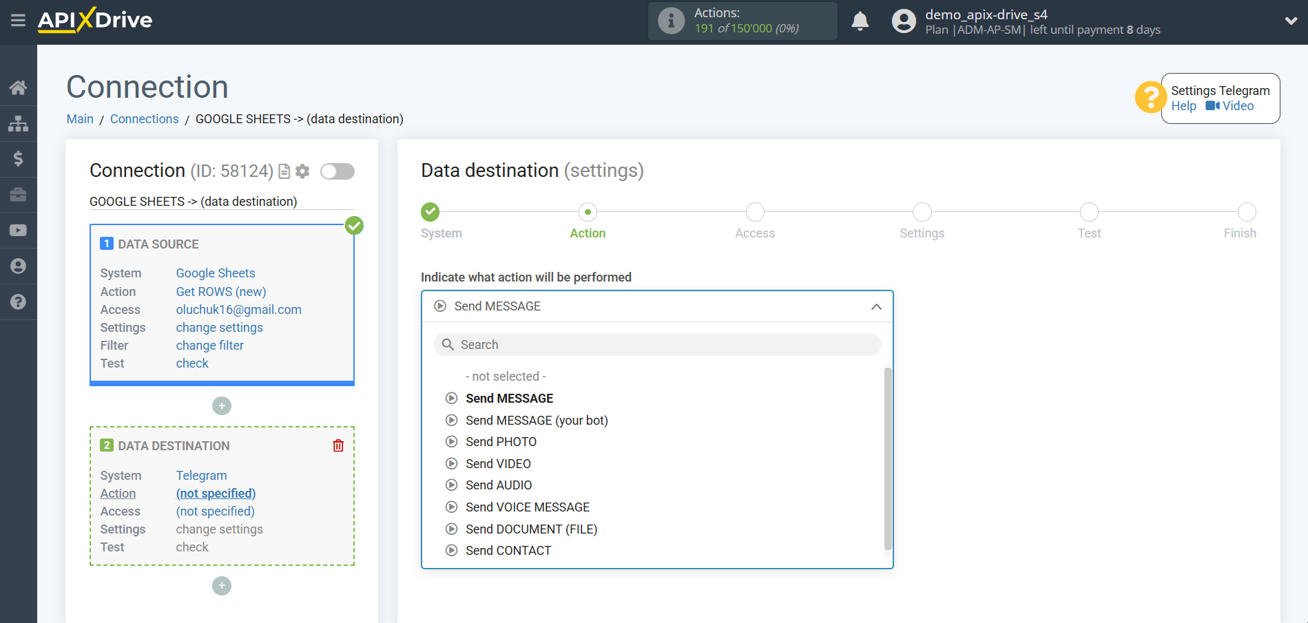 How to Connect Telegram as Data Destination | Action selection