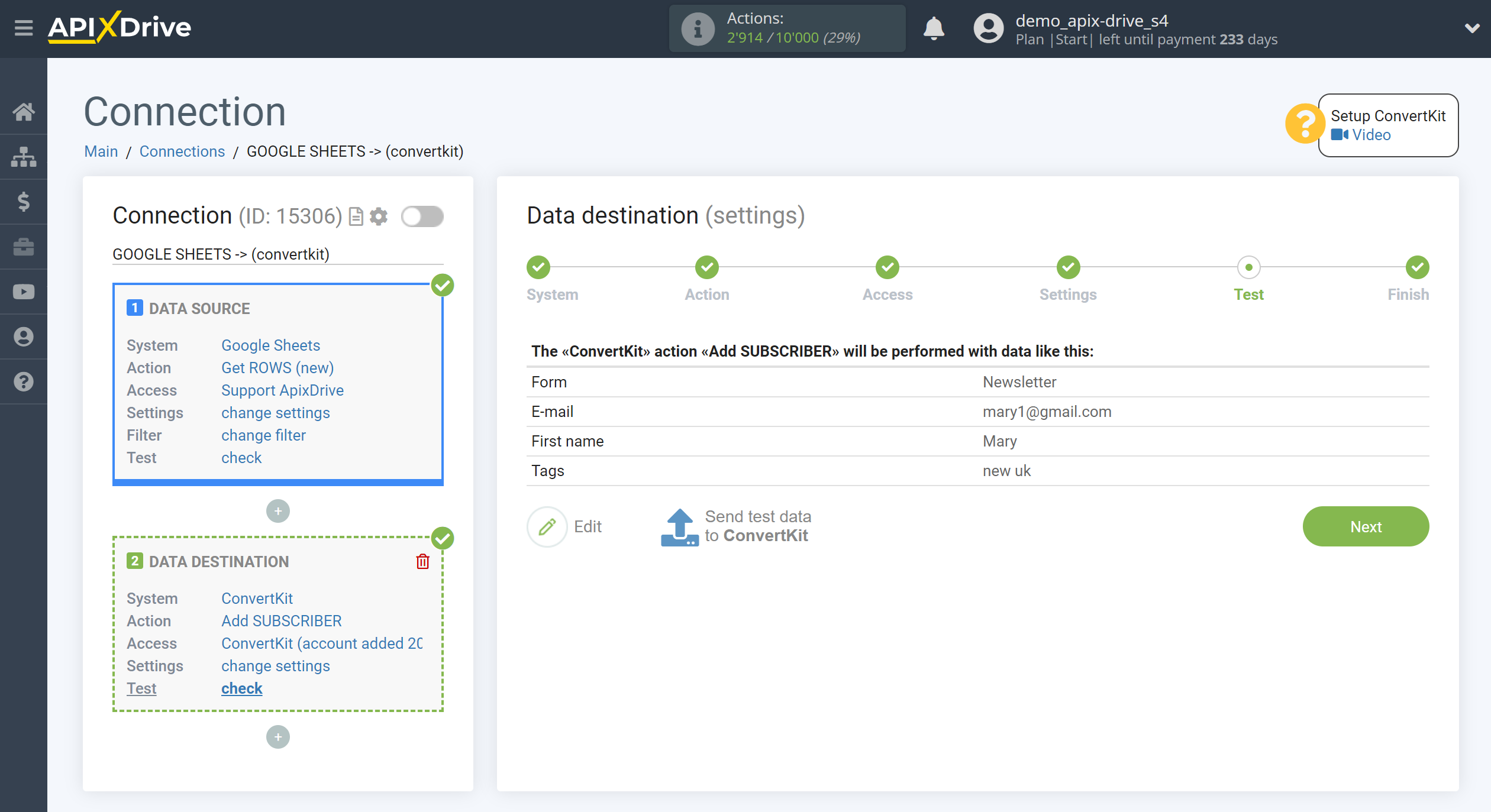 How to Connect ConvertKit as Data Destination | Test data