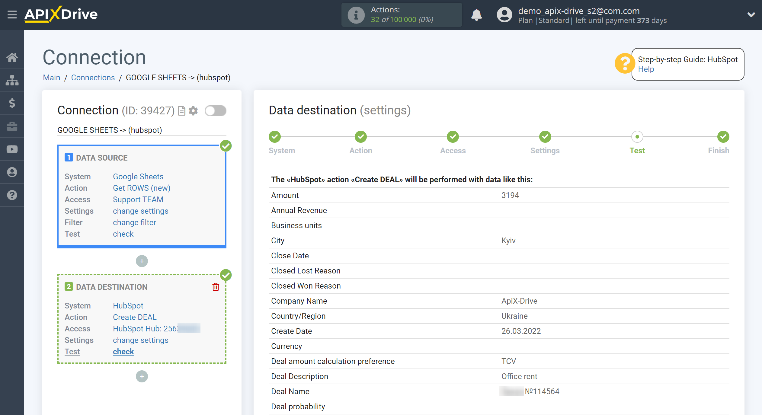 How to Connect HubSpot as Data Destination | Test data