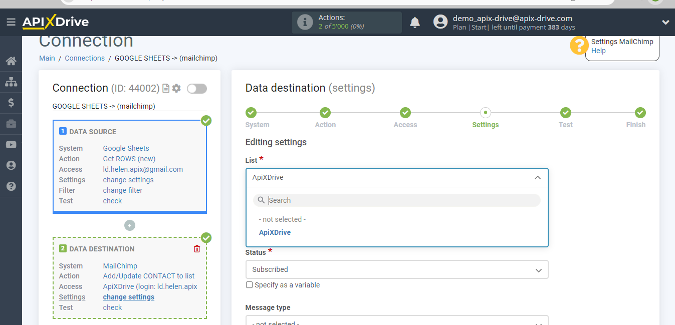 How to Connect MailChimp as Data Destination | Assigning fields