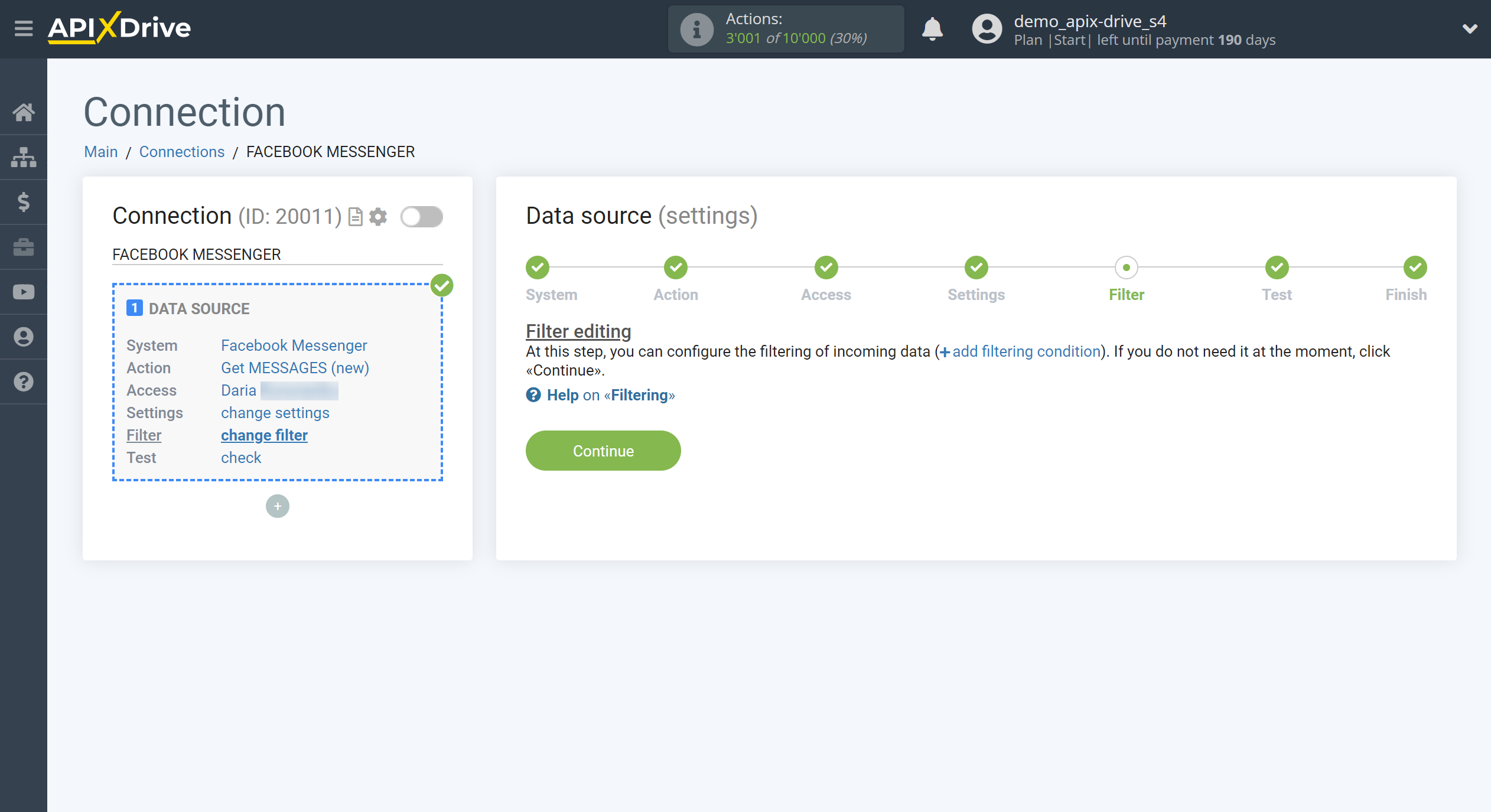 How to Connect Facebook Messenger as Data Source | Data filter