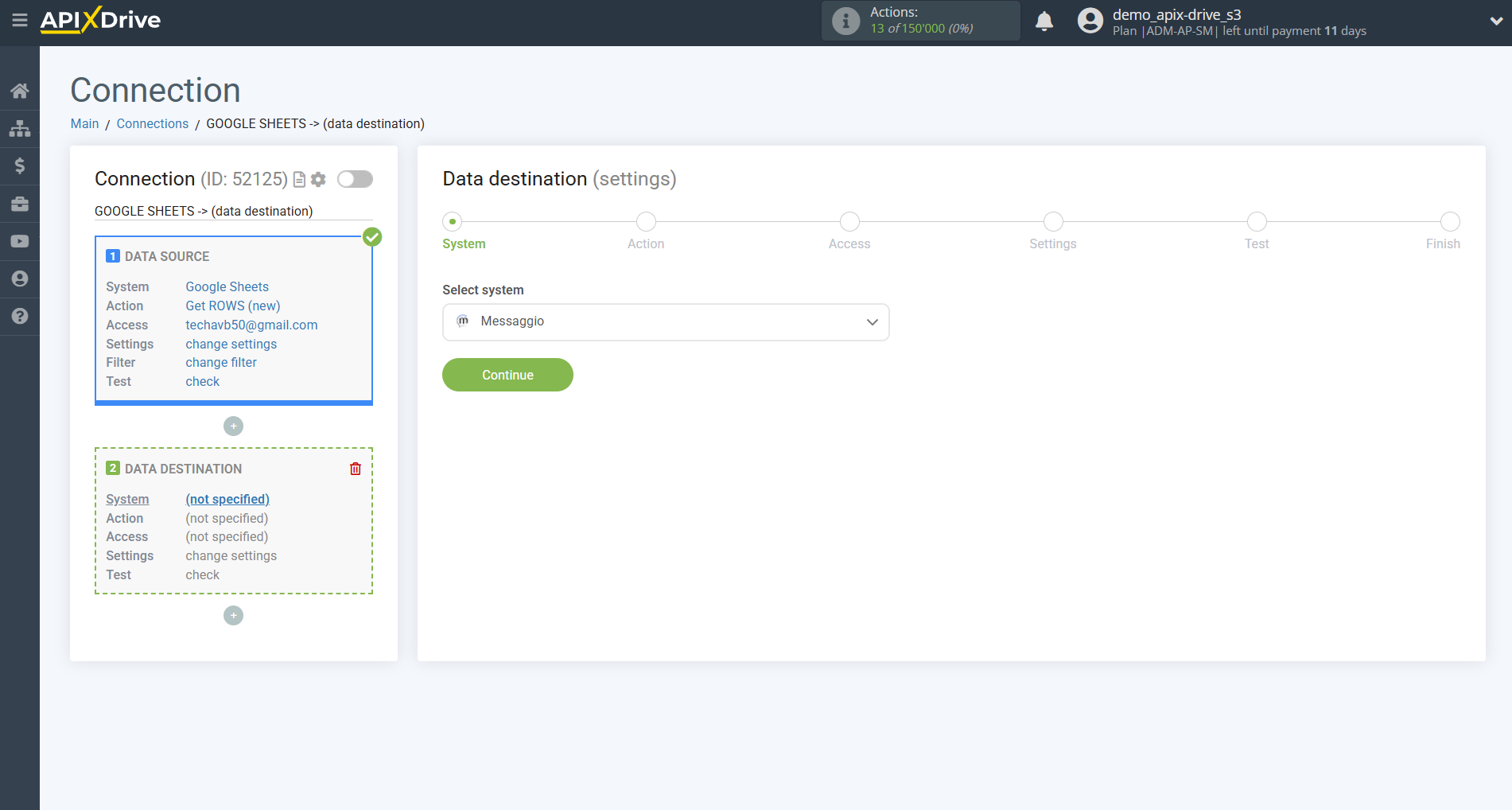 How to setup Messaggio Update Contact / Add Contact | System selection a Data Destination