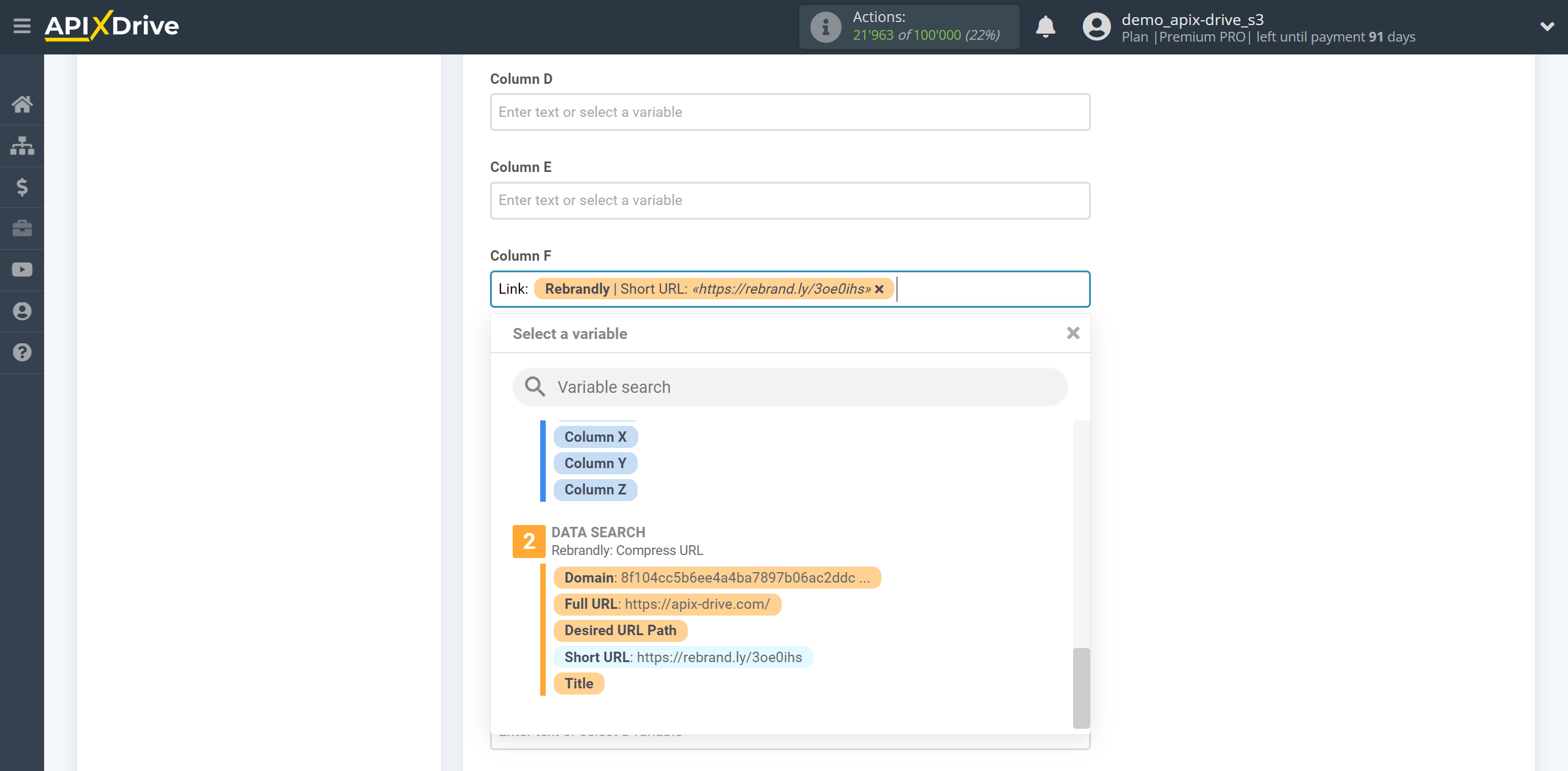 Setting up Rebrandly Data Search in Google Sheets | Assigning fields