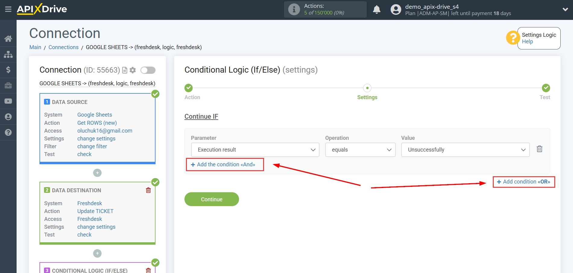 How to setup Freshdesk  Update Ticket / Create Ticket | Additional conditions "AND", "OR"