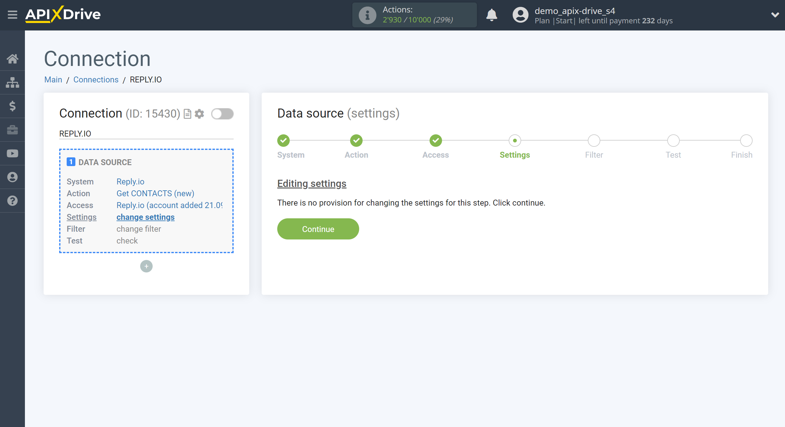 How to Connect Reply.io as Data Source | Selecting Settings