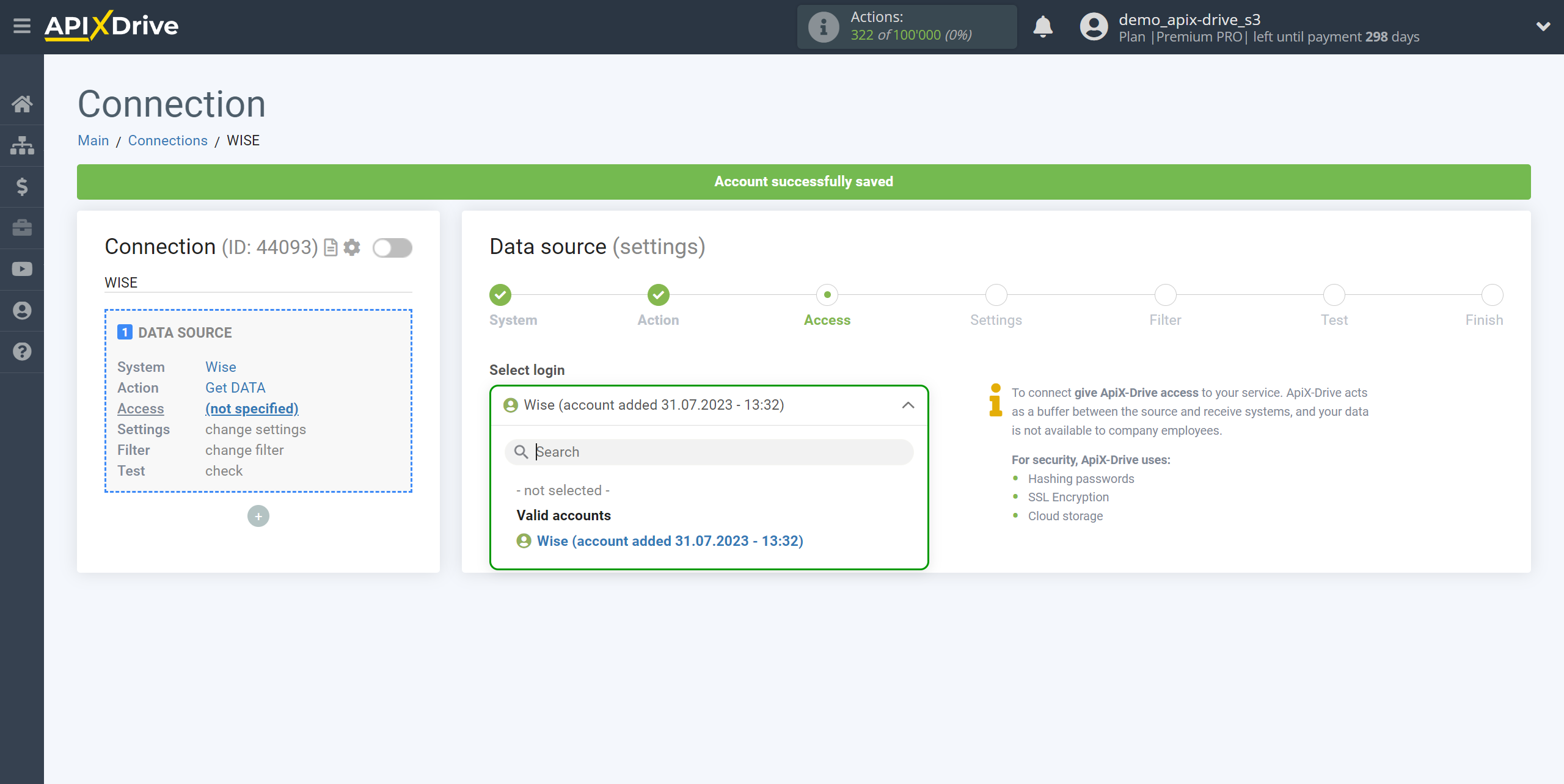 How to Connect Wise as Data Source | Account selection