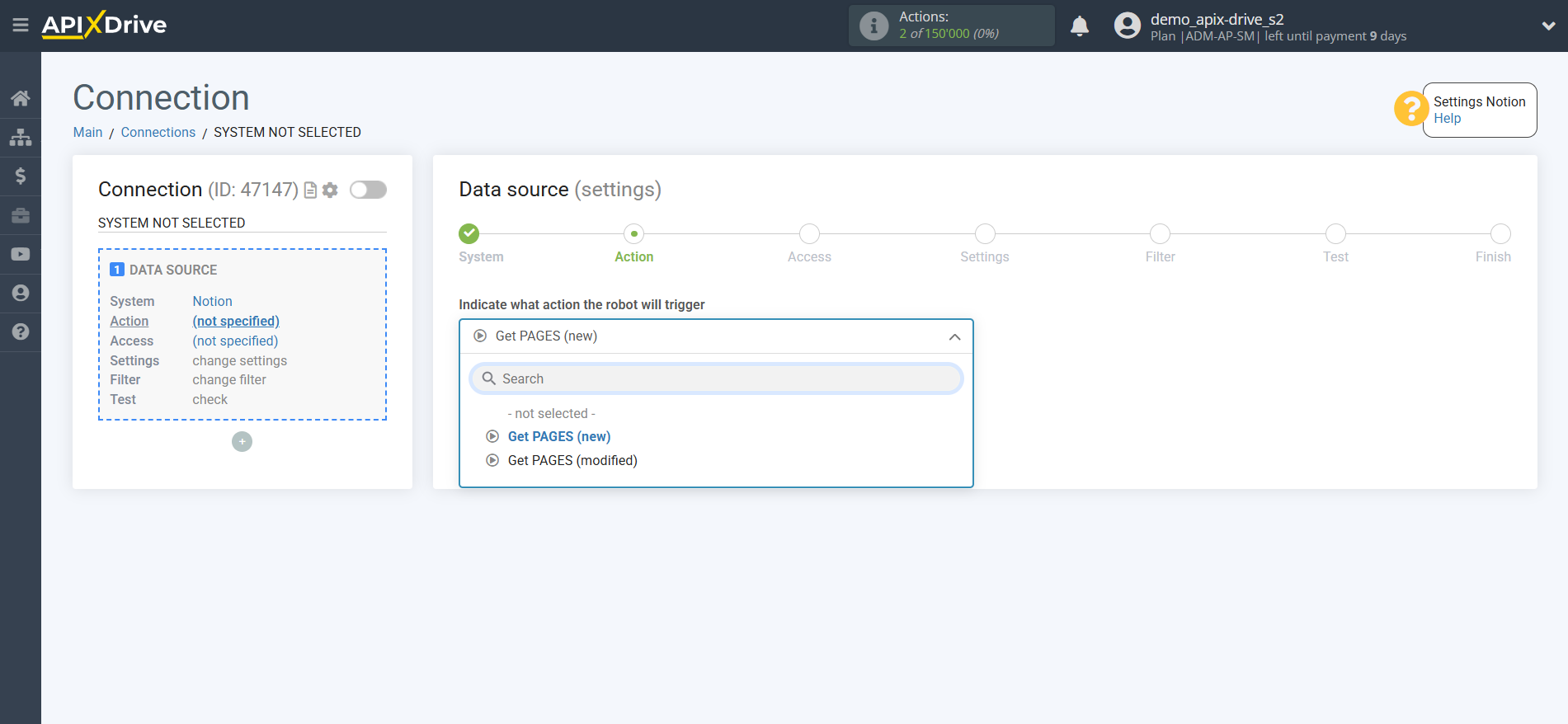 How to Connect Notion as Data Source | Action selection
