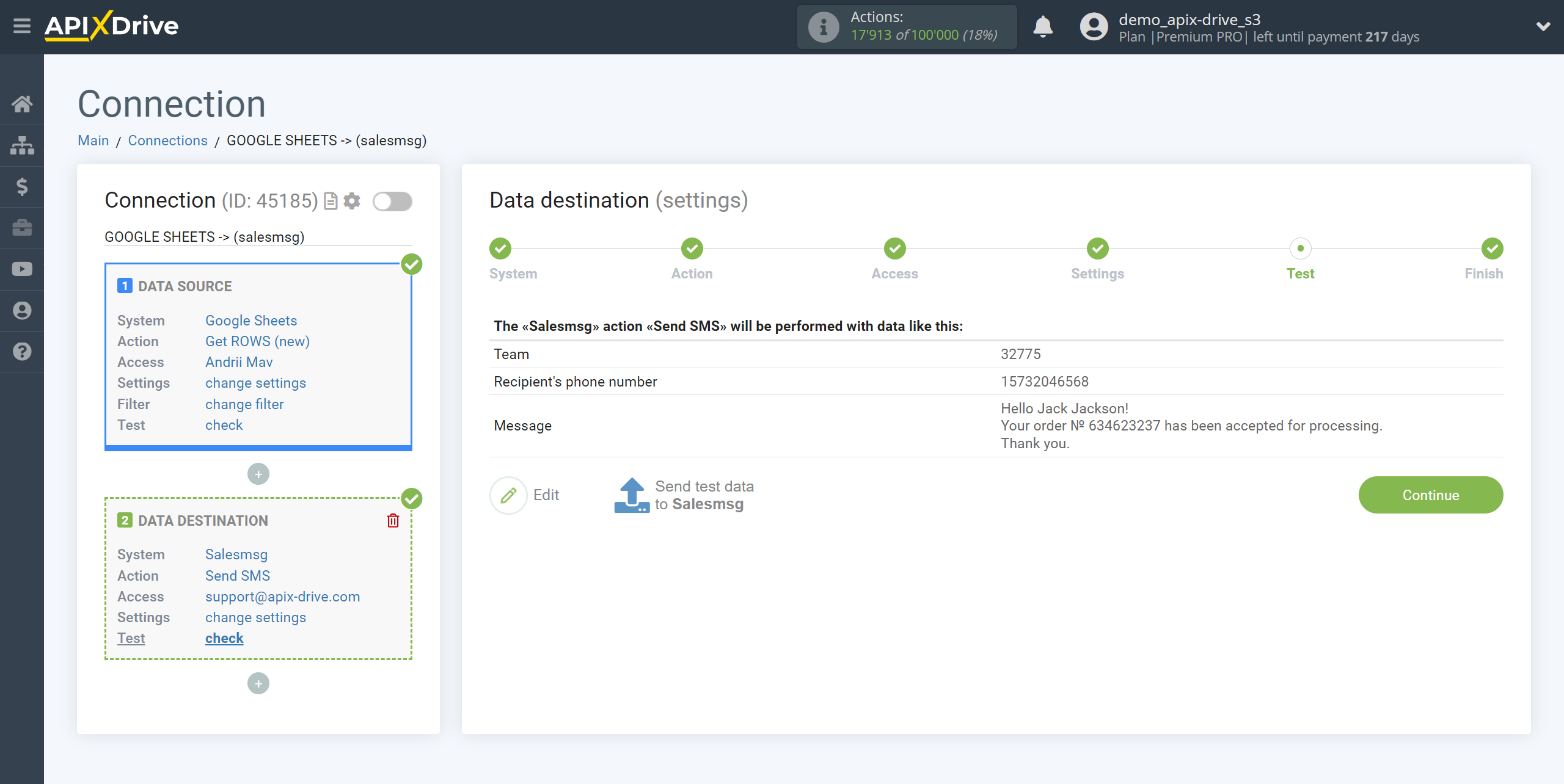 How to Connect Salesmsg as Data Destination | Test data