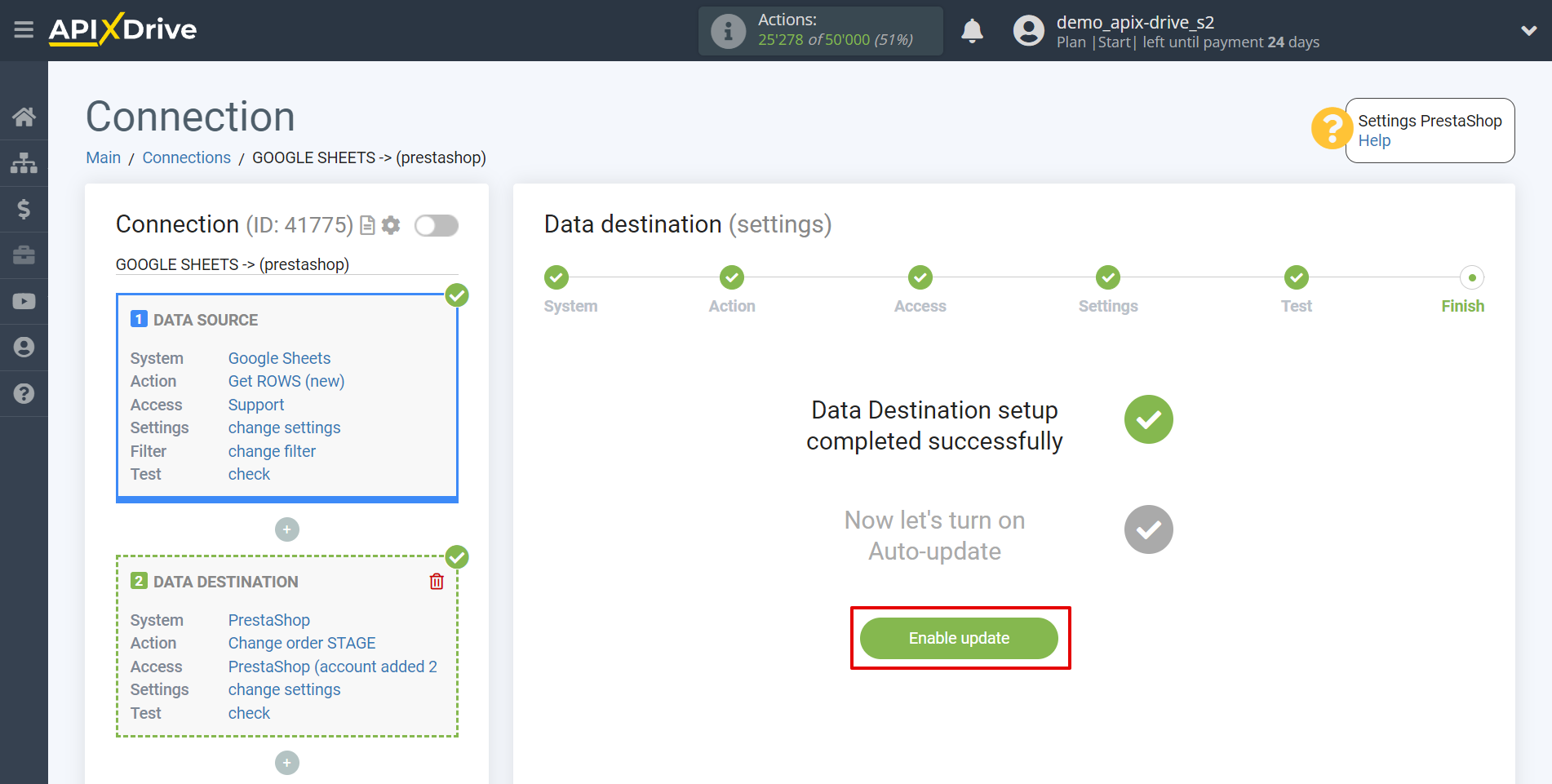 How to Connect PrestaShop as Data Destination | Enable auto-update