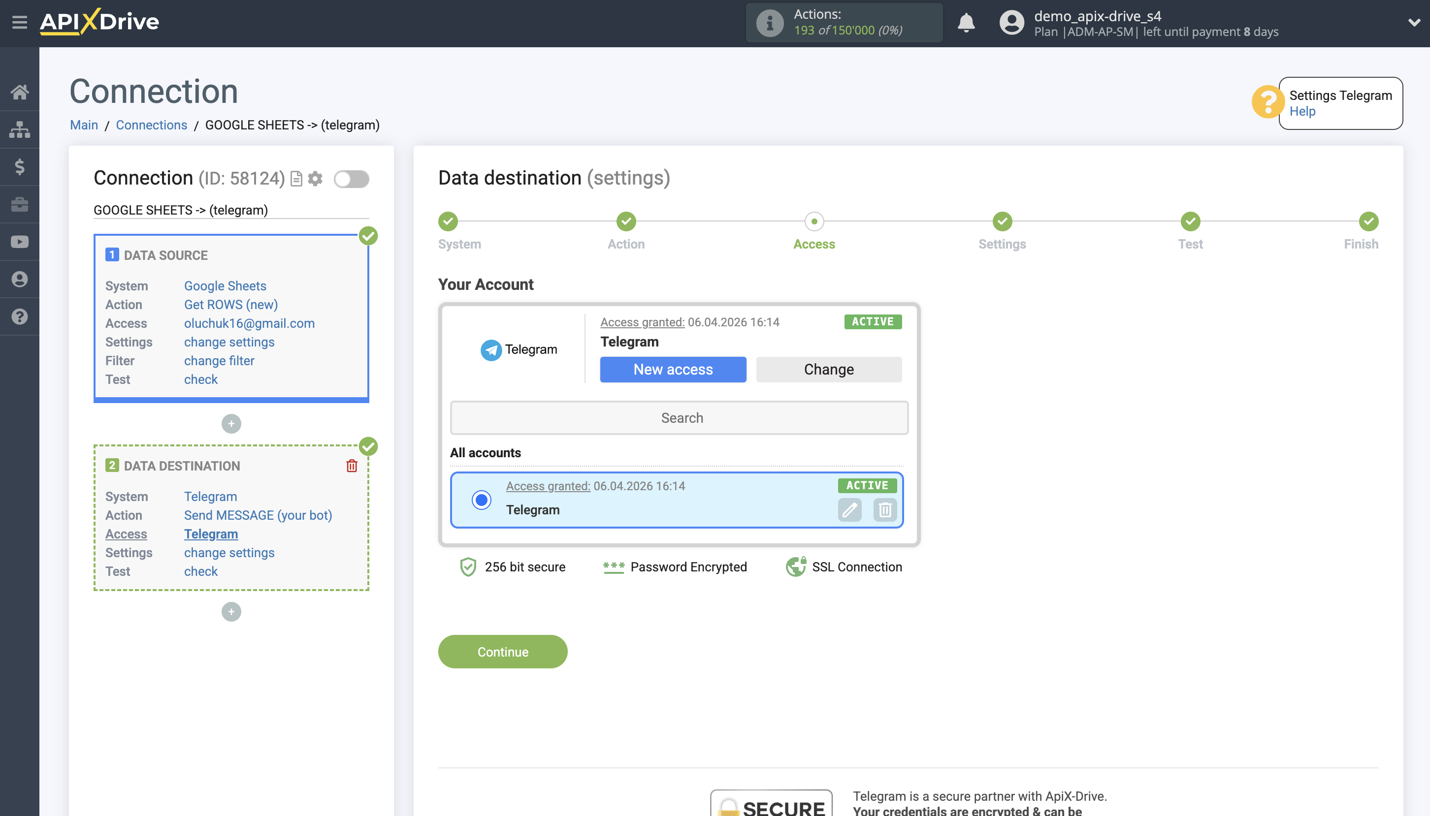 How to Connect Telegram as Data Destination | Account selection
