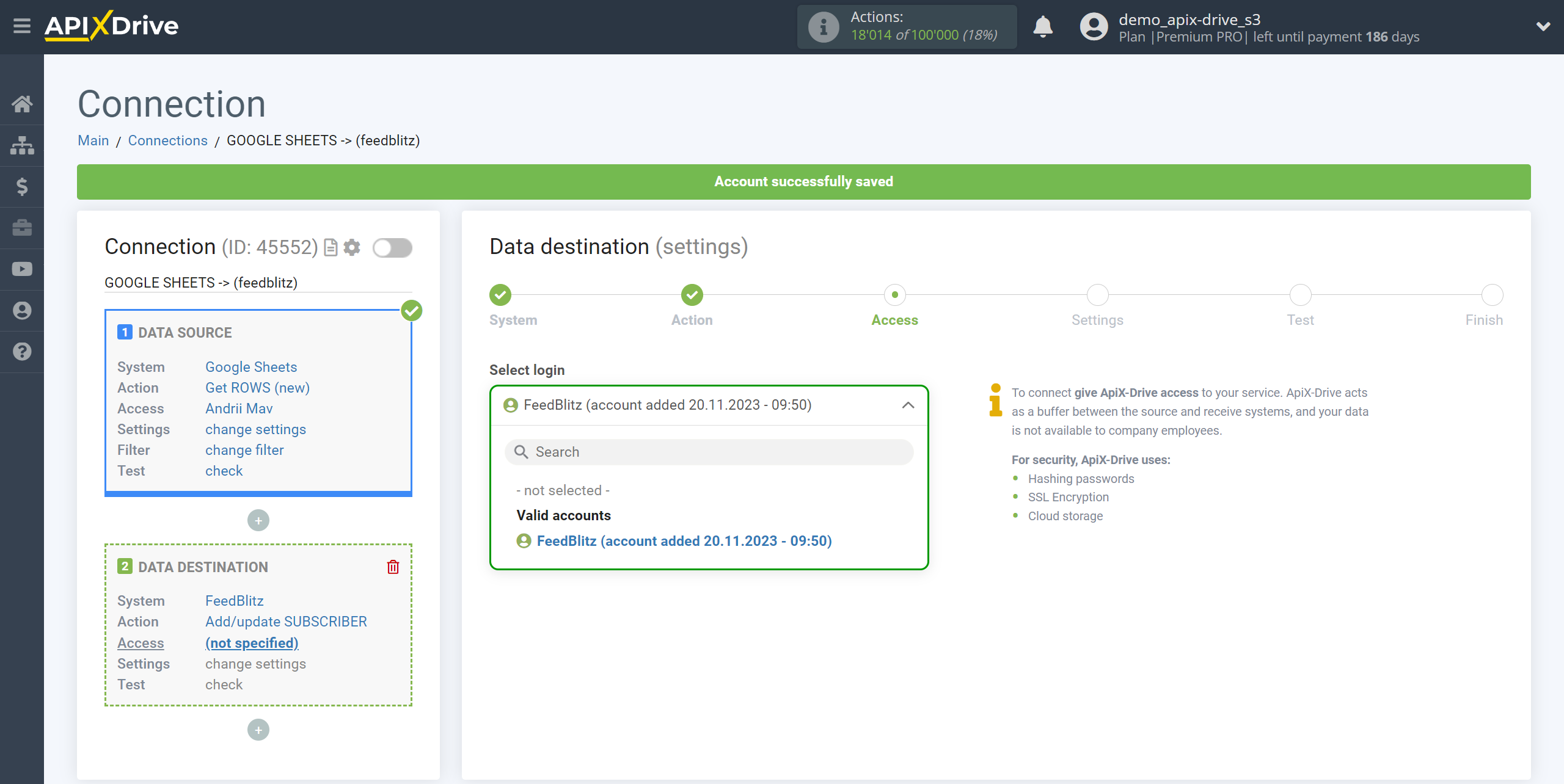 How to Connect FeedBlitz as Data Destination | Account selection