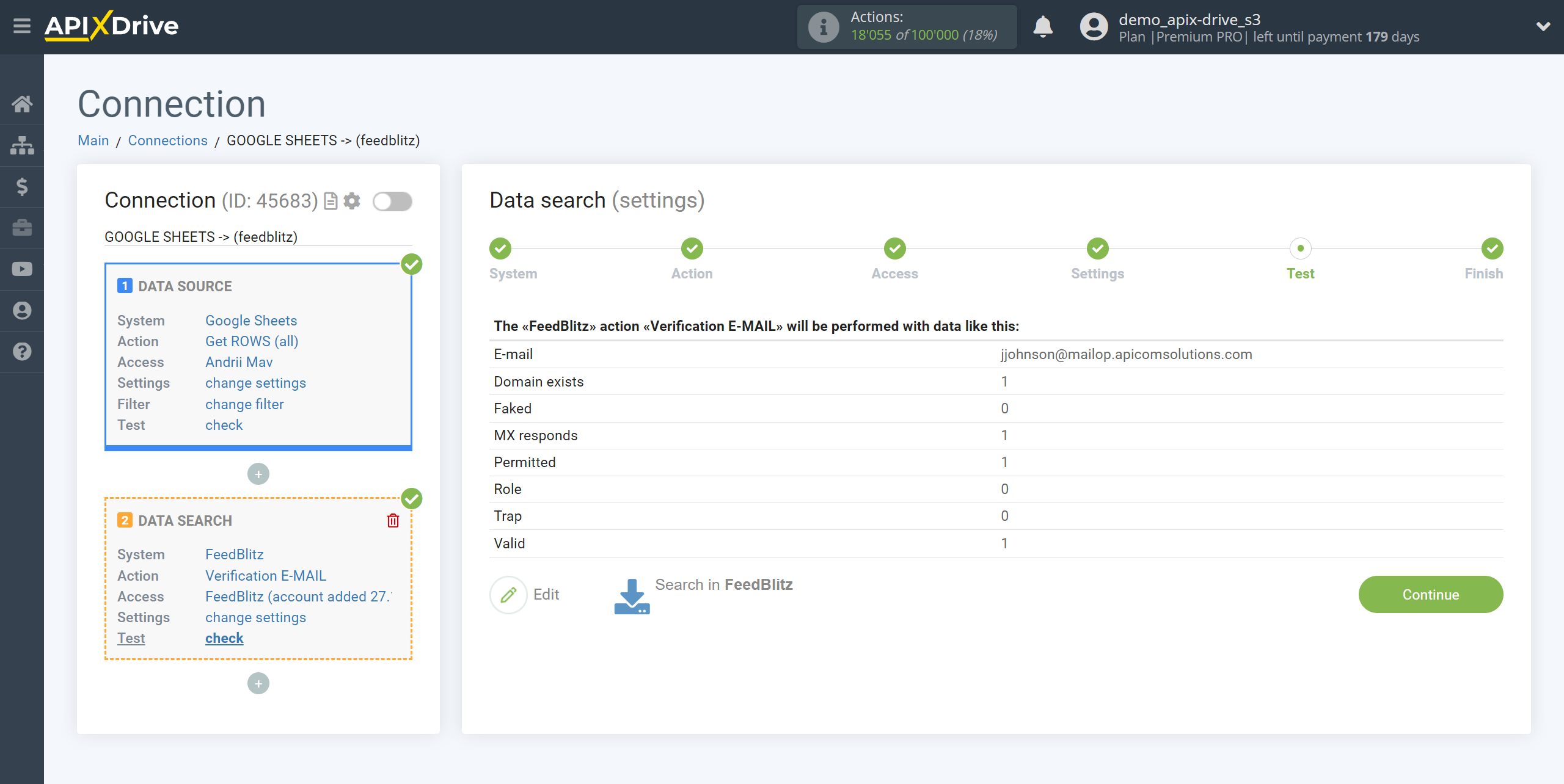 Setting Search to Verification E-MAIL FeedBlitz in Google Sheets | Test data