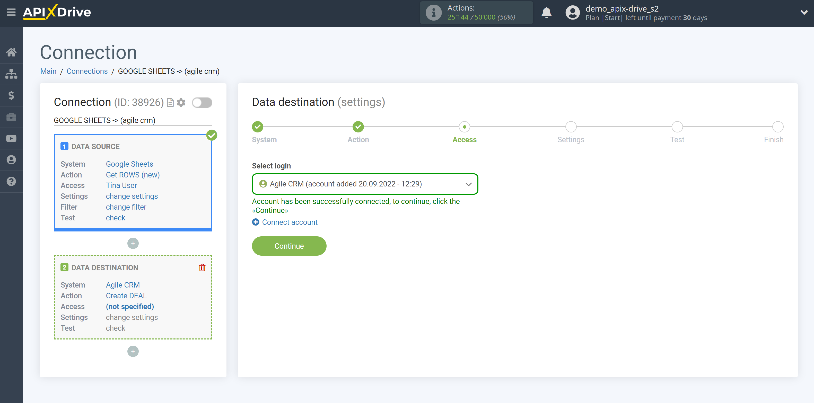 How to Connect AgileCRM as Data Destination | Account selection