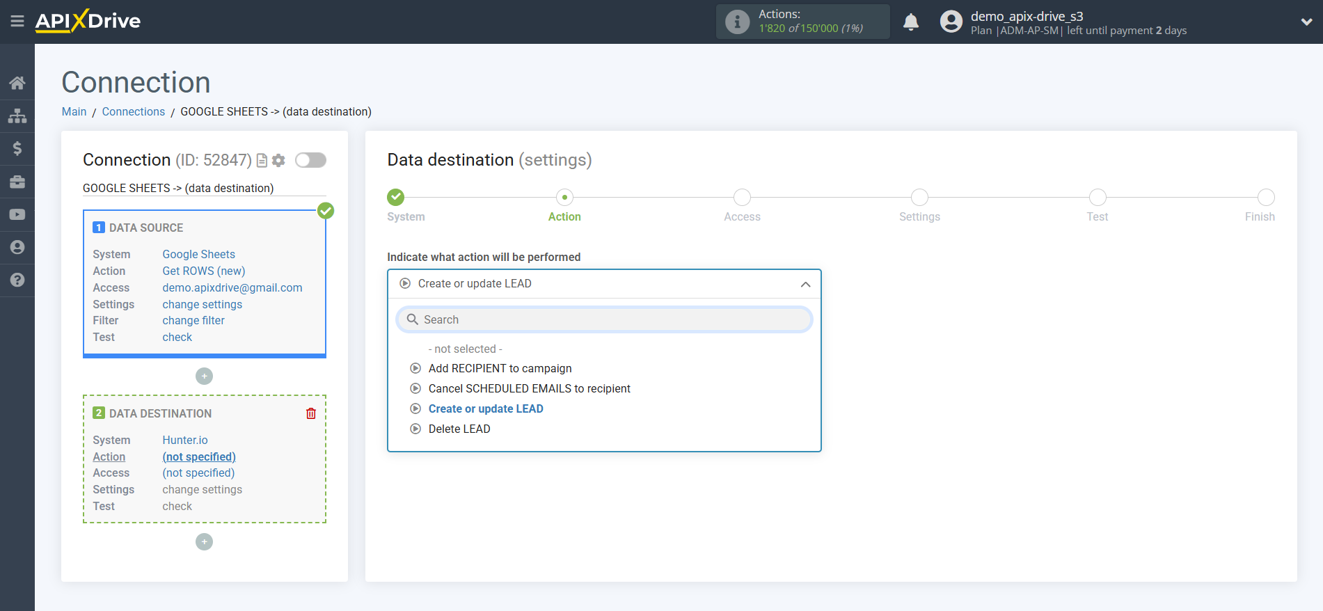 How to Connect Hunter.io as Data Destination | Action selection How to Connect Hunter.io as Data Destination | Action selection
