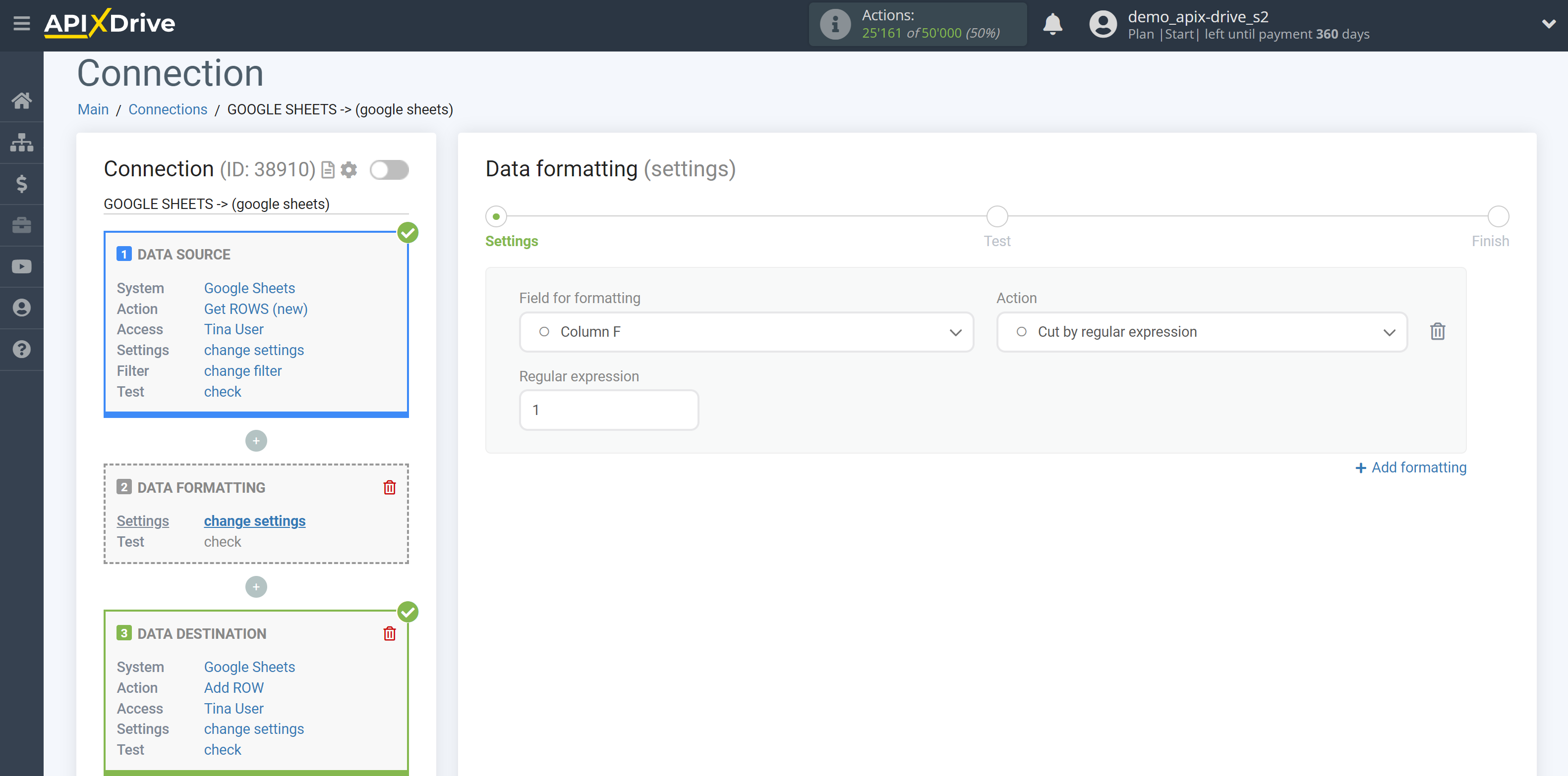 How to setup Data Formatting | Selecting the function&nbsp;Cut by regular expression