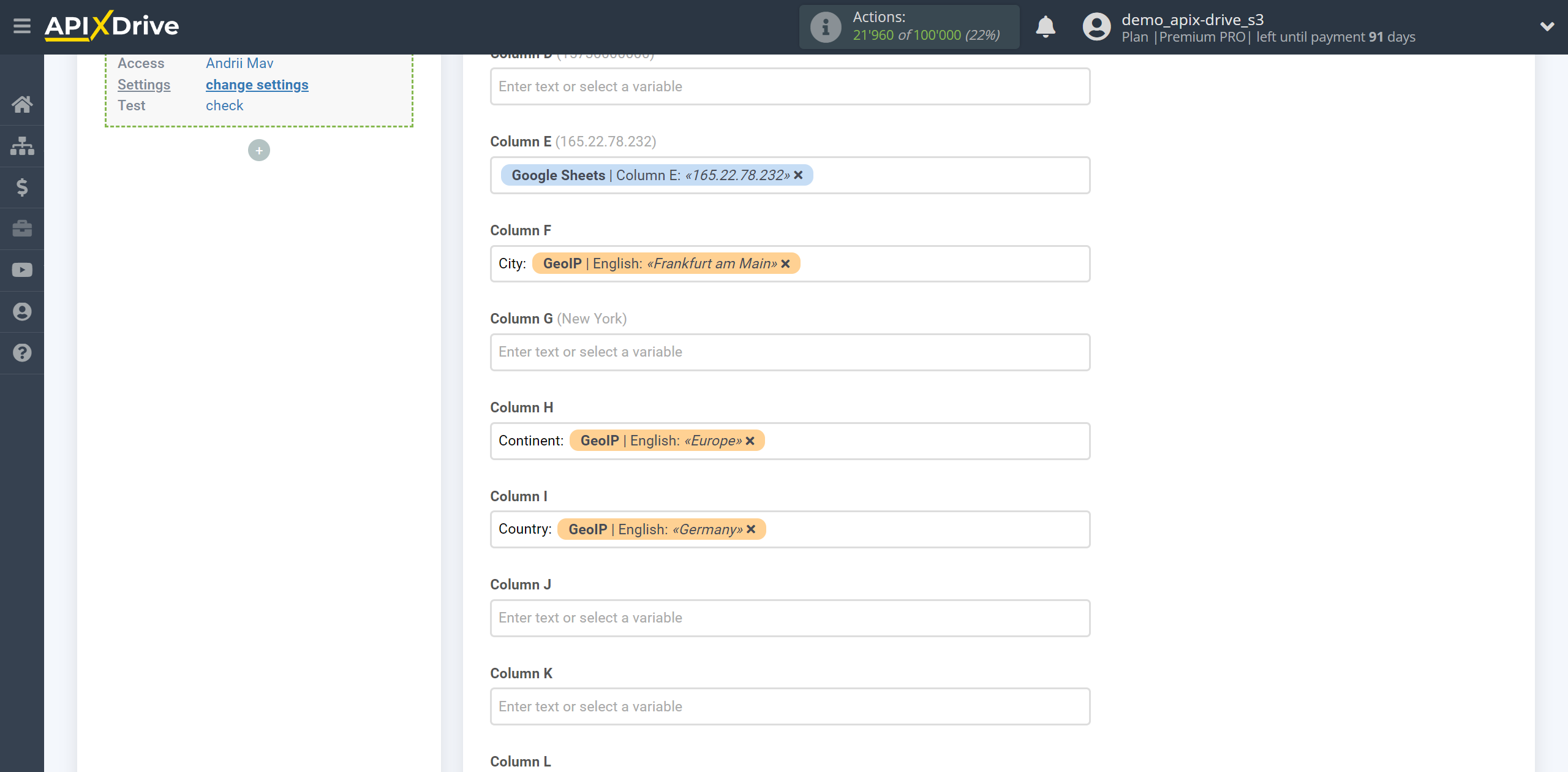 Setting up GeoIP Data Search in Google Sheets | Assigning fields