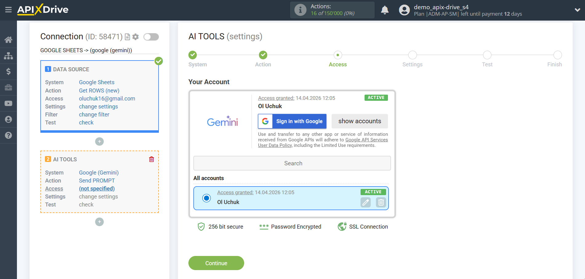 Setting up Gemini in Google Sheets | Account selection