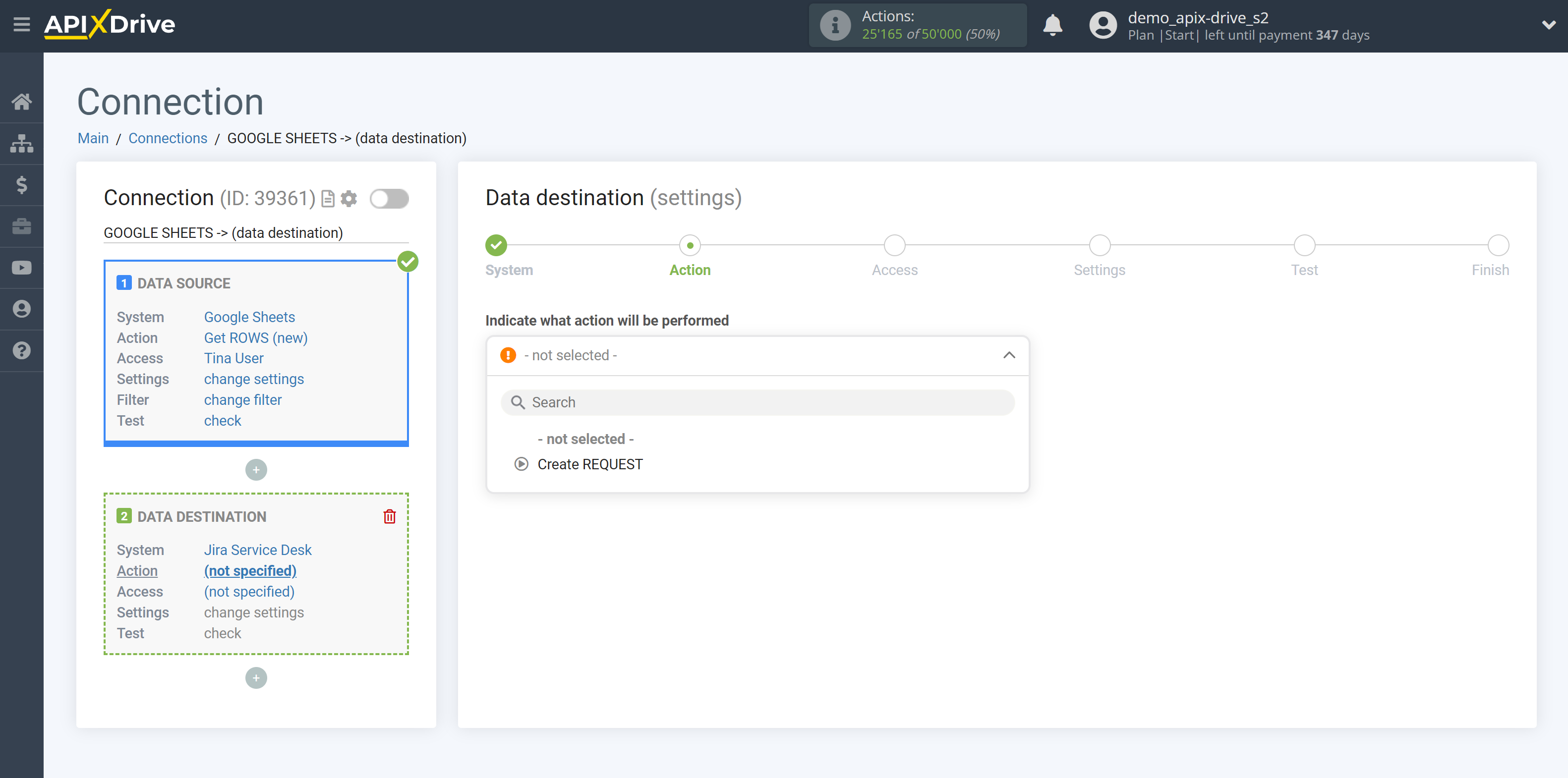 How to Connect Jira Service Management as Data Destination | Action selection