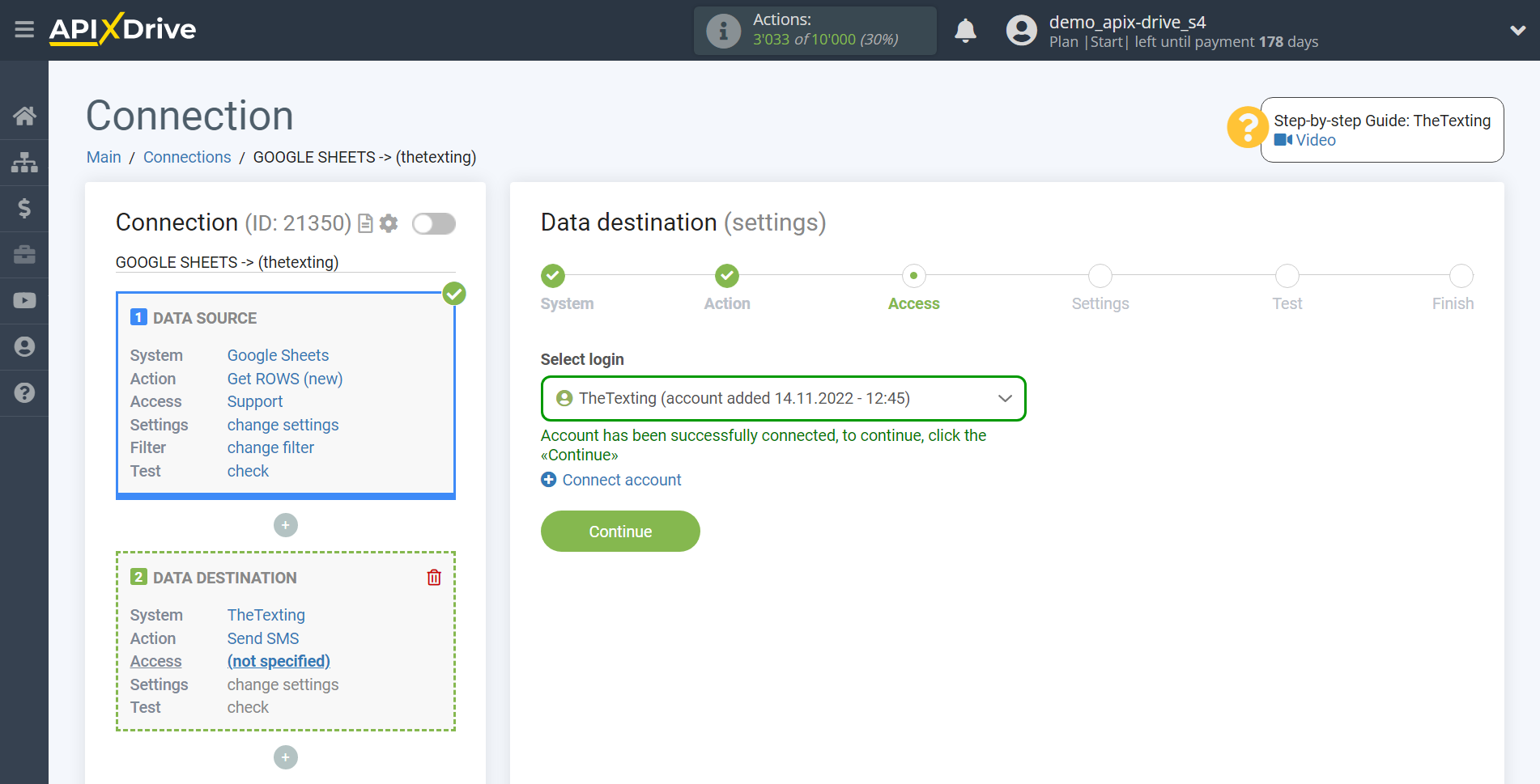 How to Connect TheTexting as Data Destination | Account connection