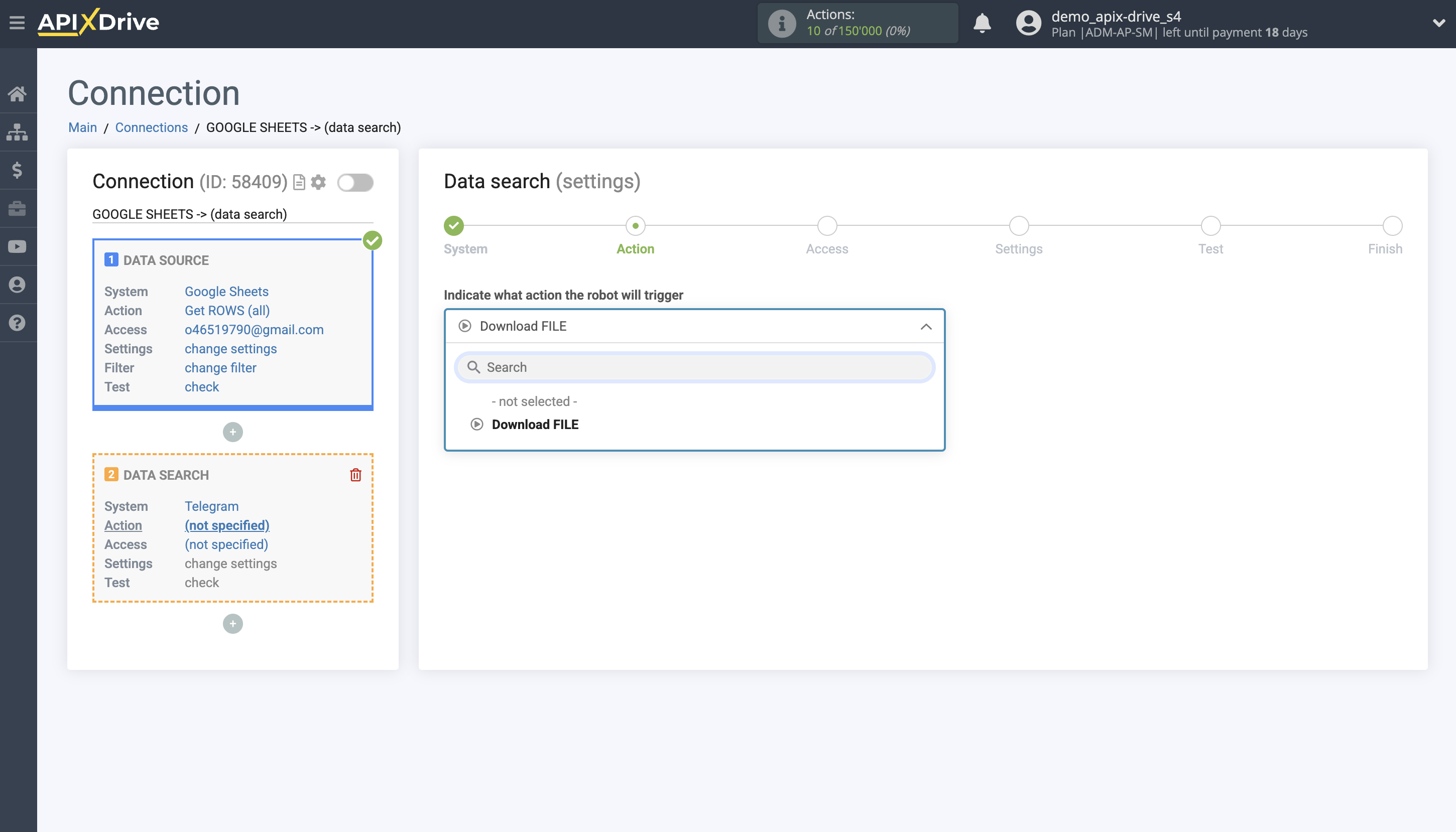 Telegram File Upload Settings to Dropbox | Action selection