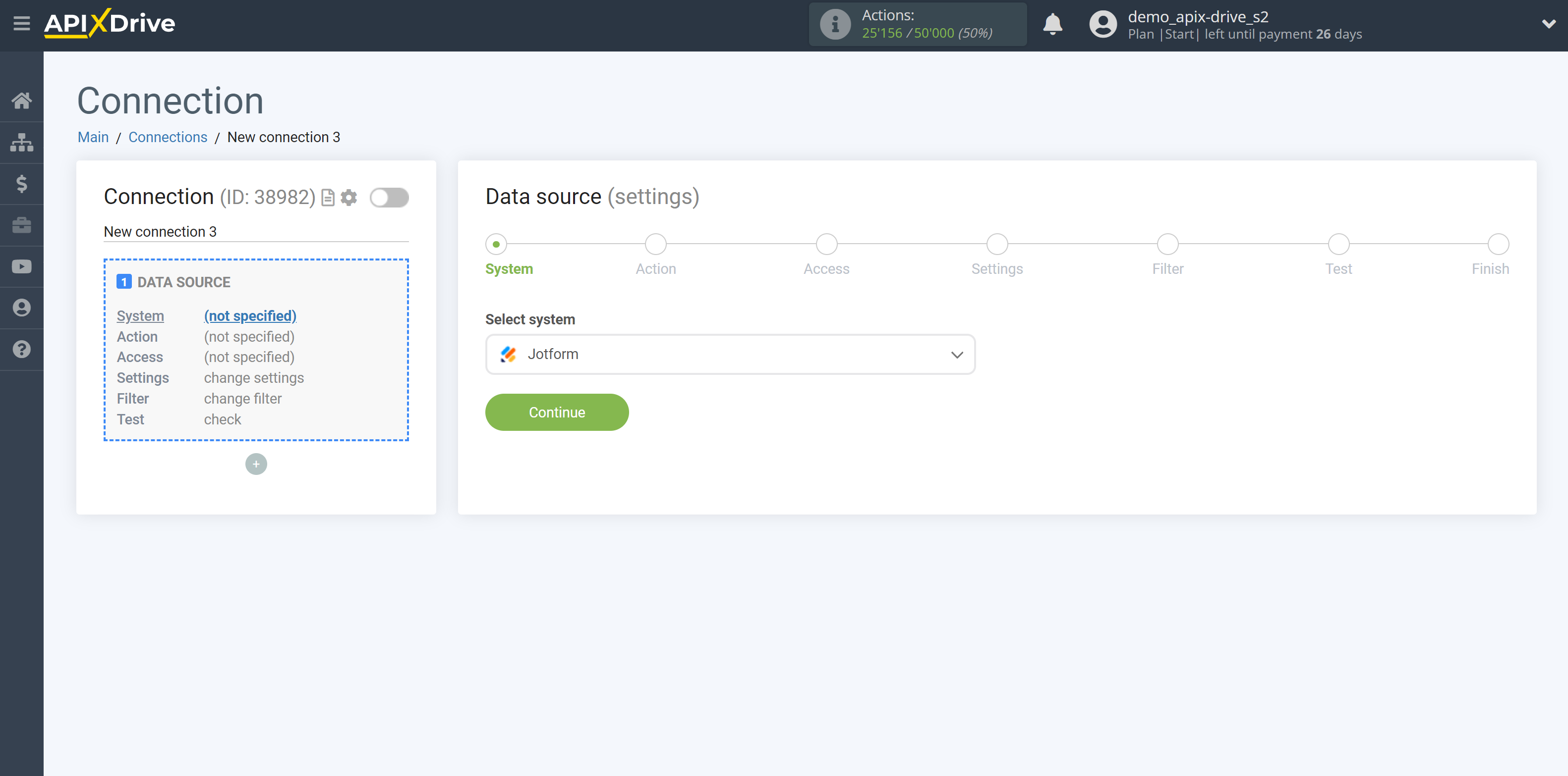 How to Connect Jotform as Data Source | System selection