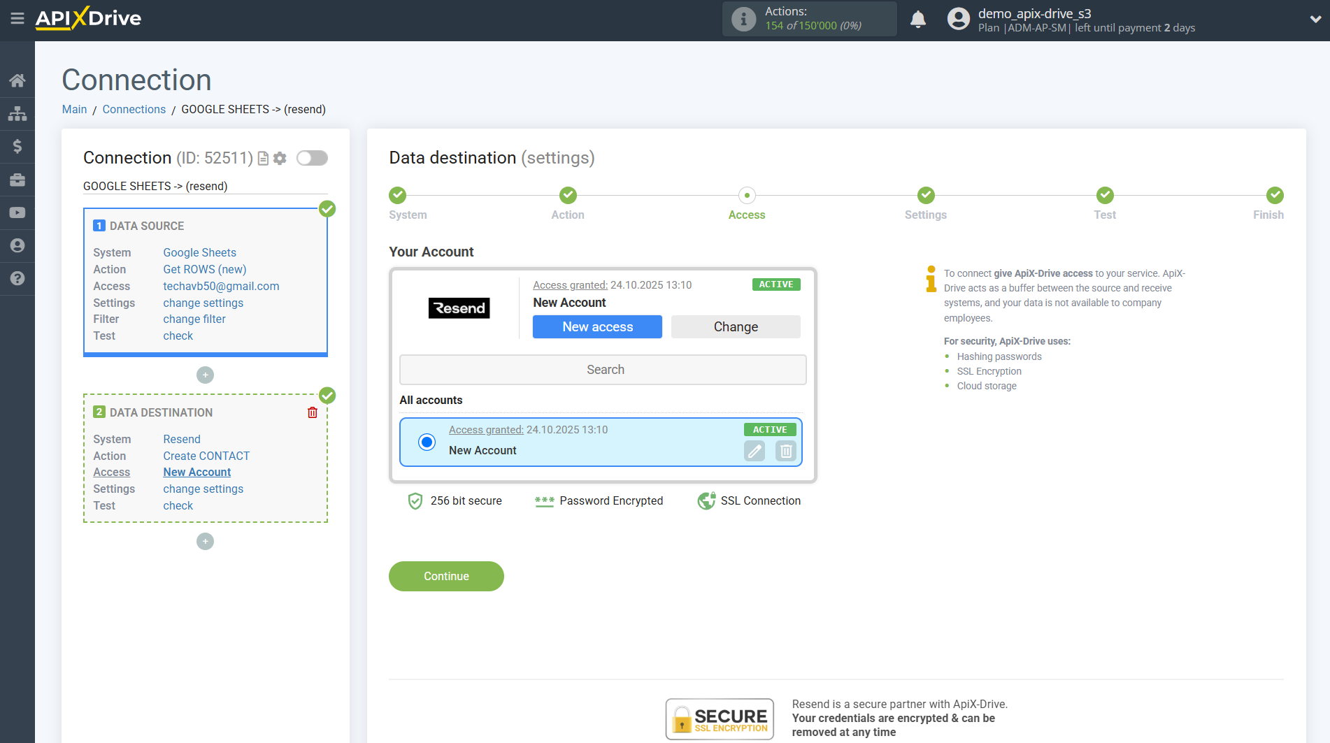 How to Connect Resend as Data Destination | Account selection