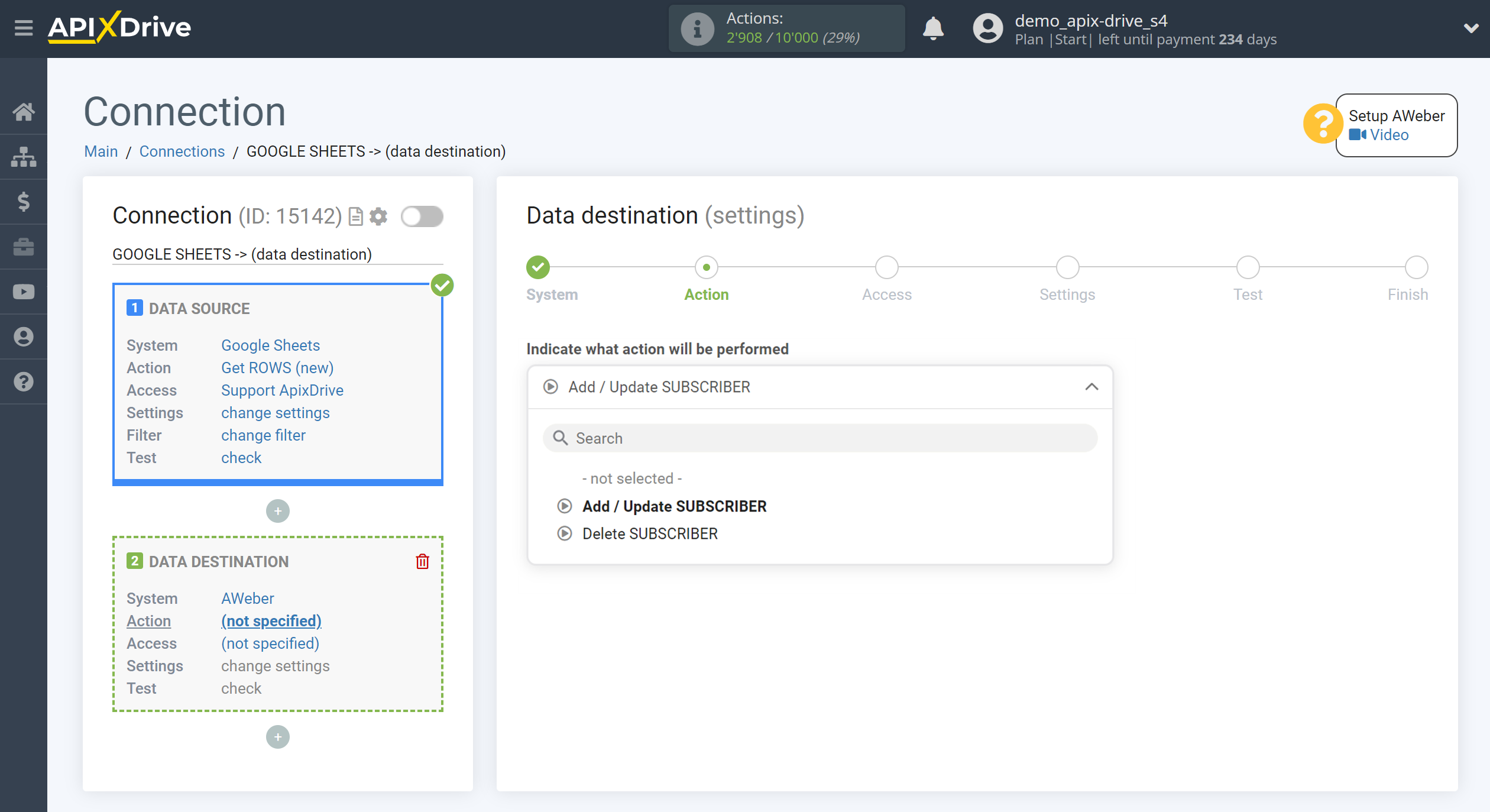 How to Connect Aweber as Data Destination | Action selection