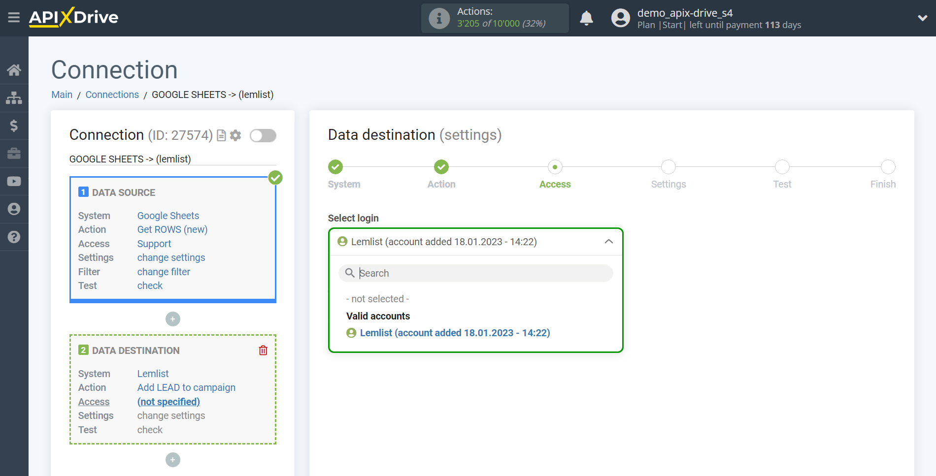 How to Connect Lemlist as Data Destination | Account selection