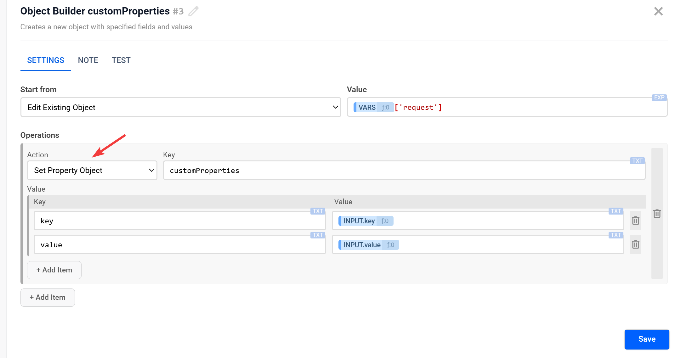 Object Builder | Налаштування дії&nbsp;Set property Object