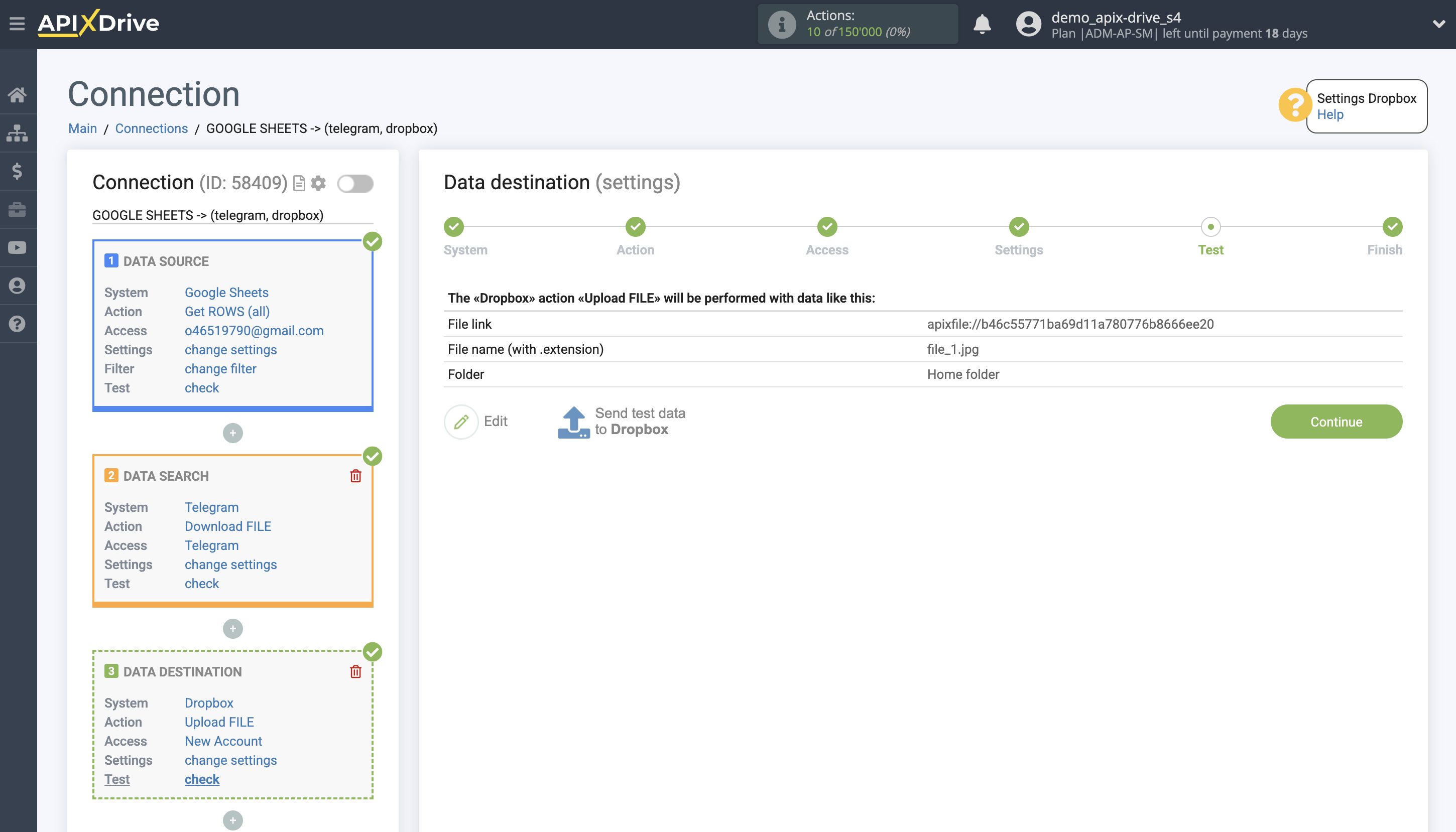 Telegram File Upload Settings to Dropbox | Test data