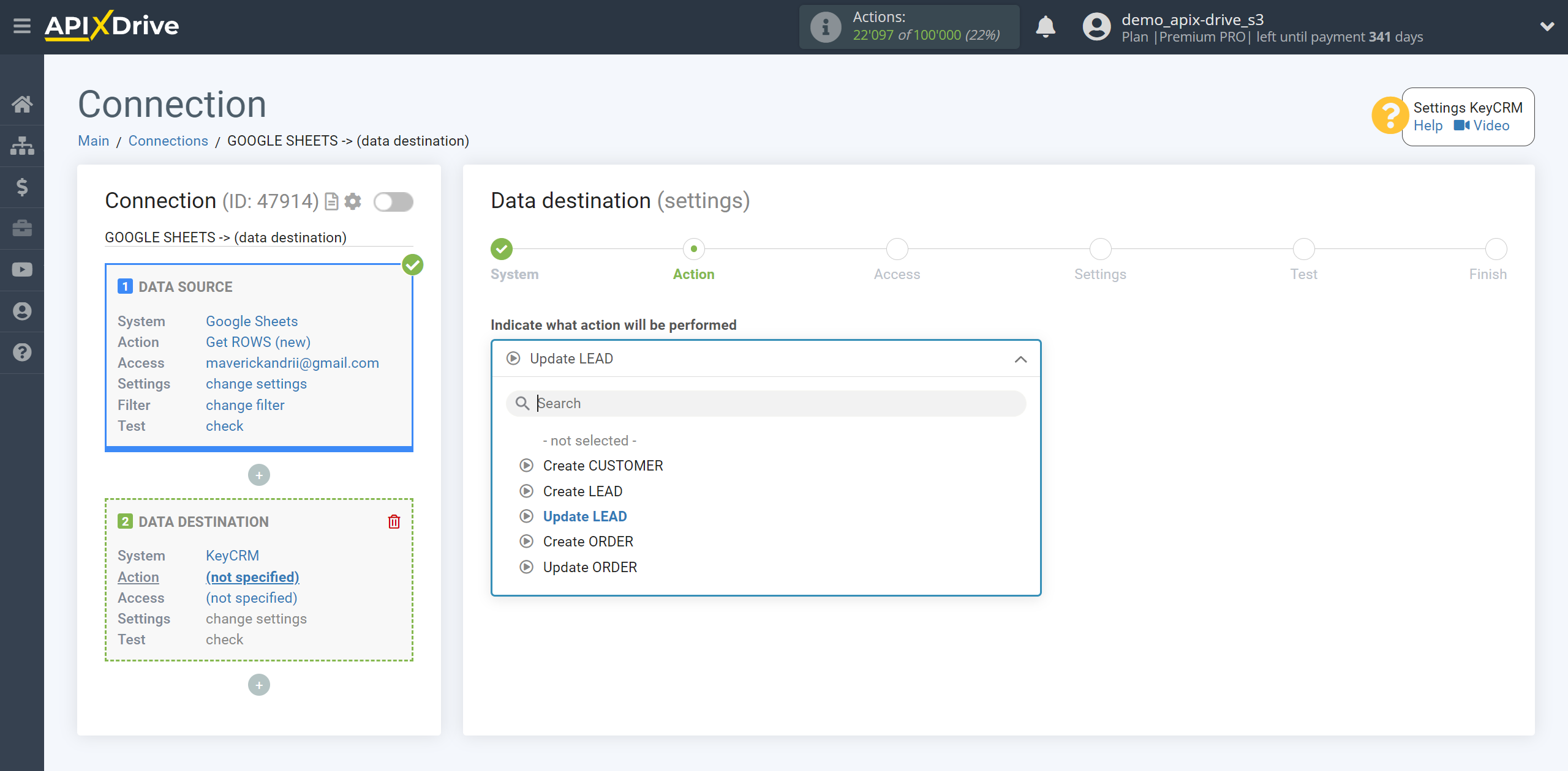 How to setup KeyCRM Update Lead / Create Lead | Action selection