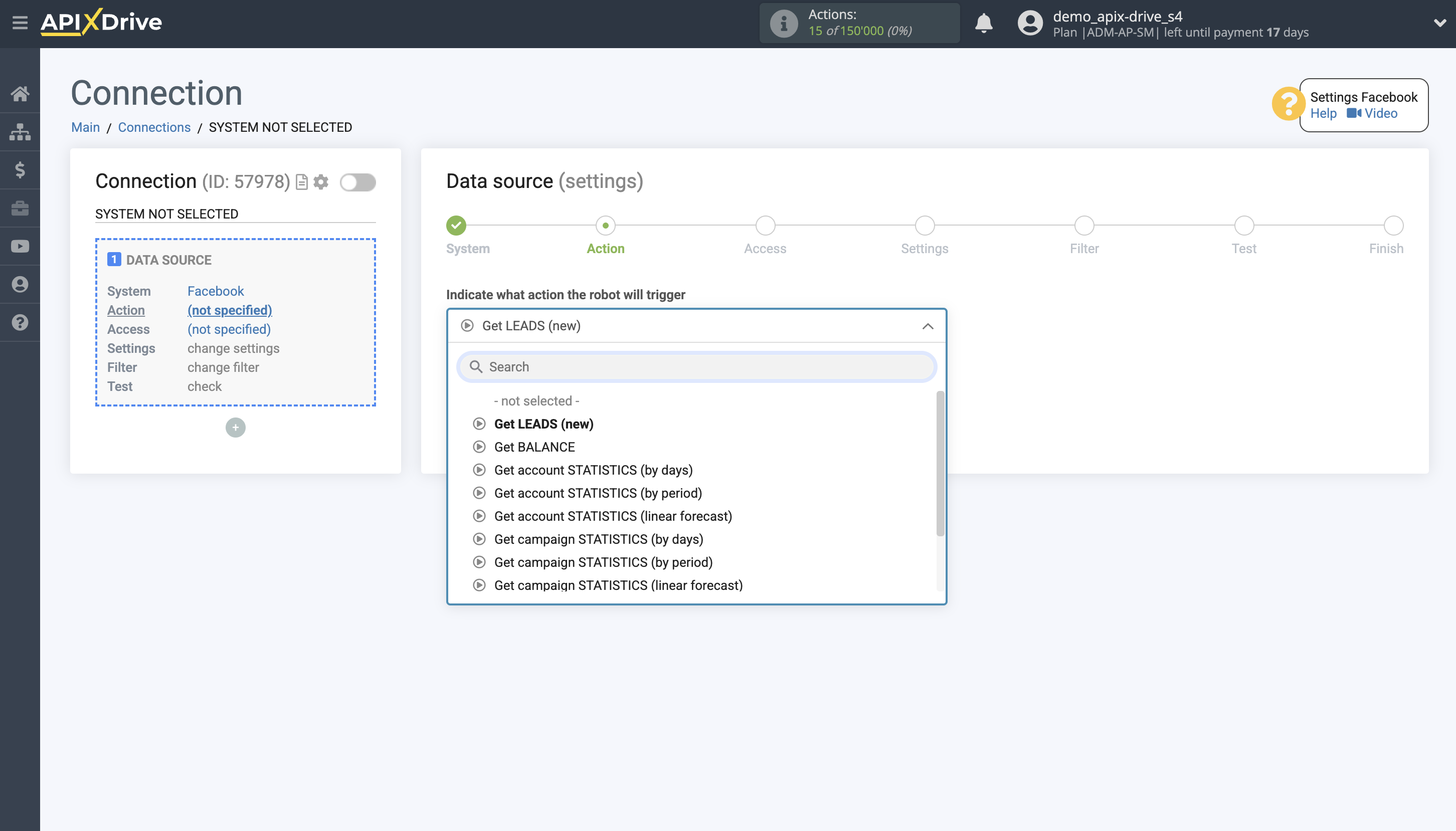 How to Connect Facebook as Data Source | Action Selection