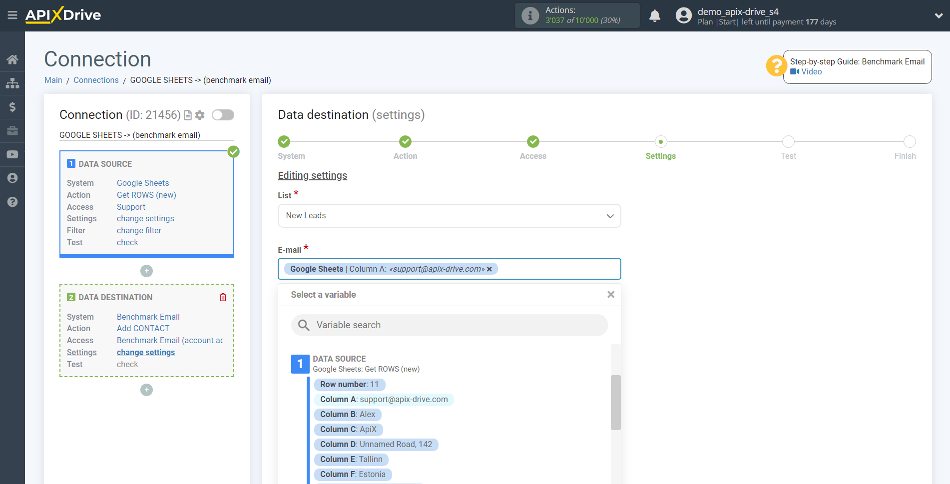 How to Connect Benchmarkemail as Data Destination | Assigning fields