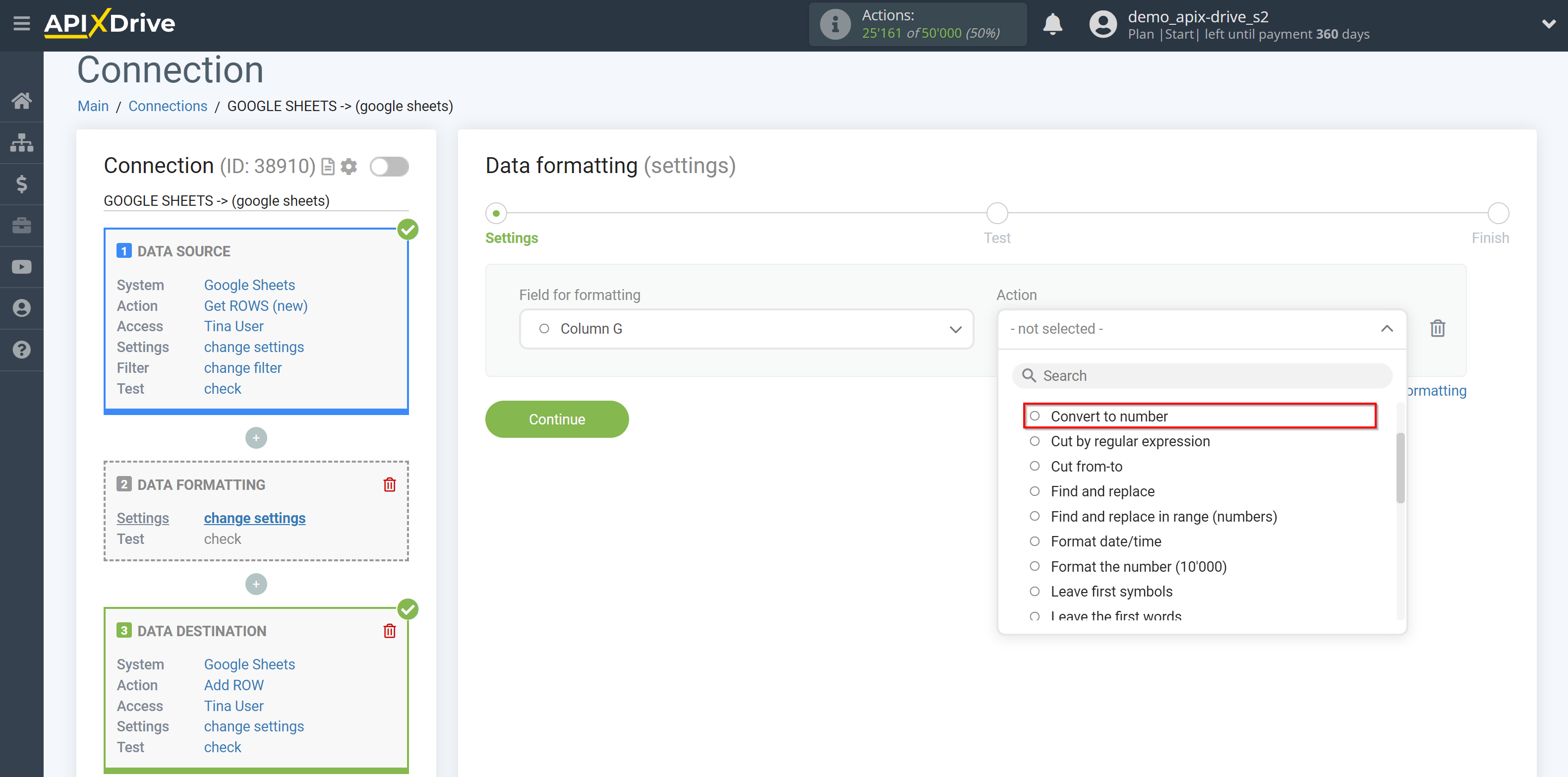 How to setup Data Formatting | Selecting the function&nbsp;Convert to number