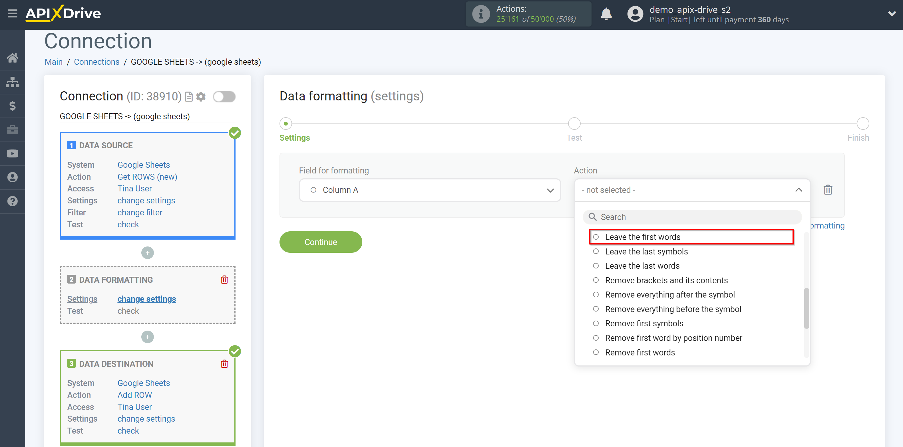 How to setup Data Formatting | Selecting the function&nbsp;Leave the first words