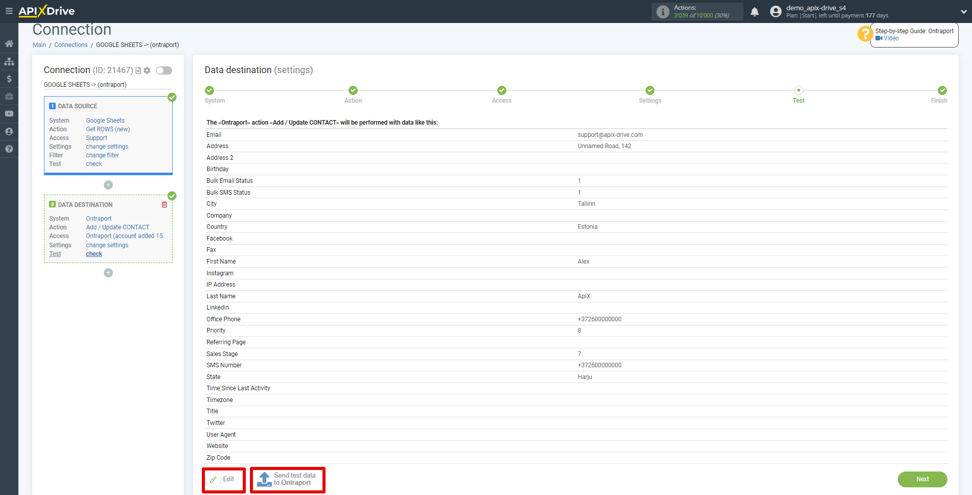 How to Connect Ontraport as Data Destination | Test data