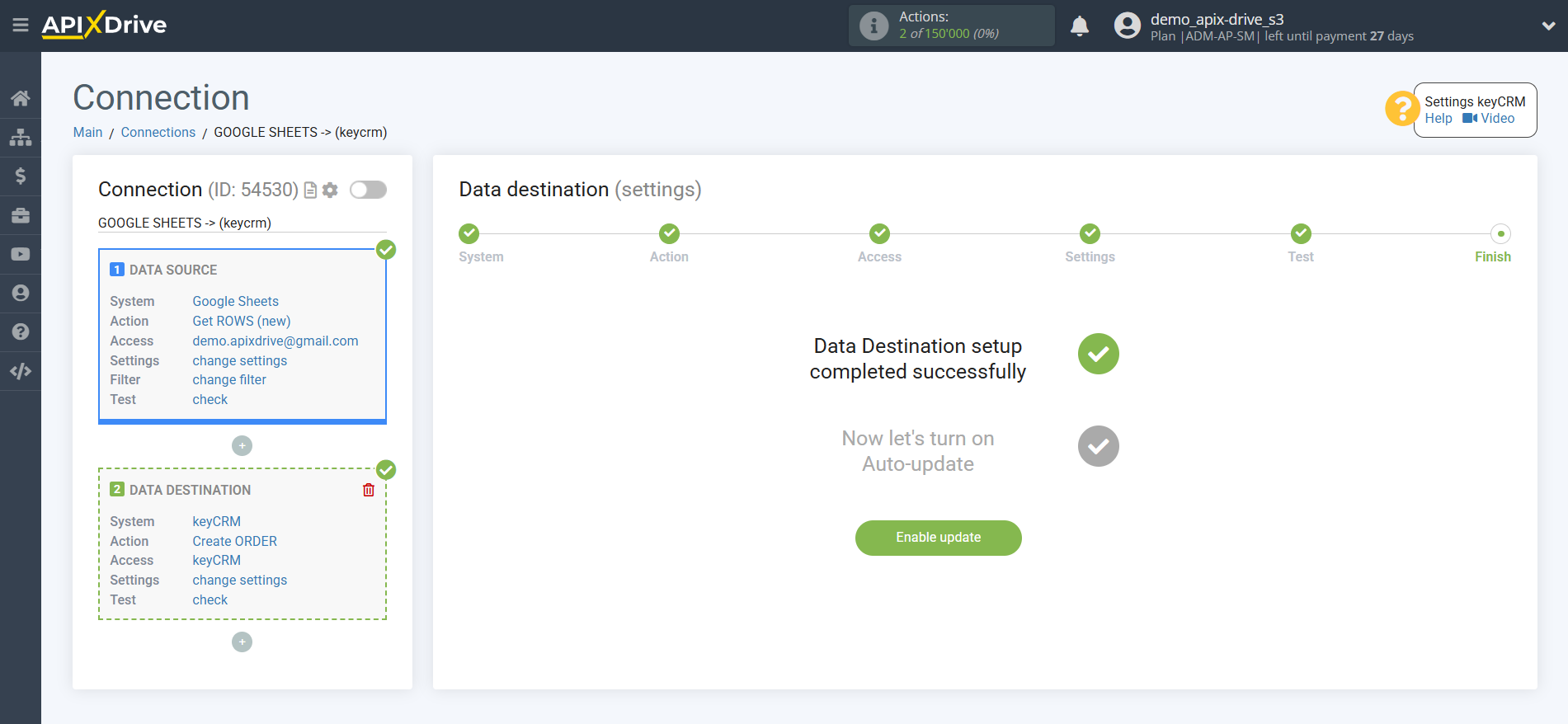 How to Connect KeyCRM as Data Destination | Enable auto-update