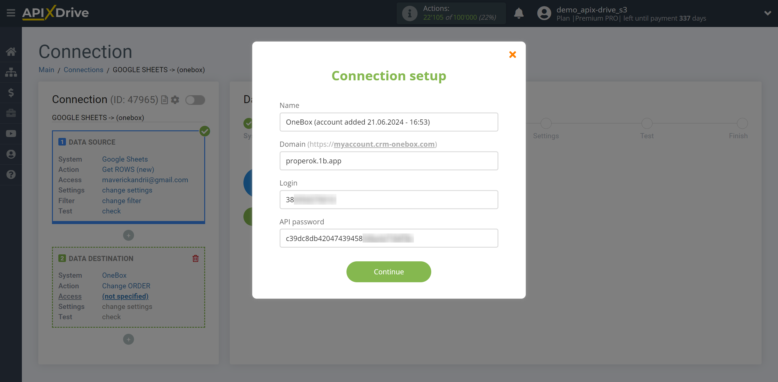 How to setup OneBox Change Order / Create Order | Entering connection data