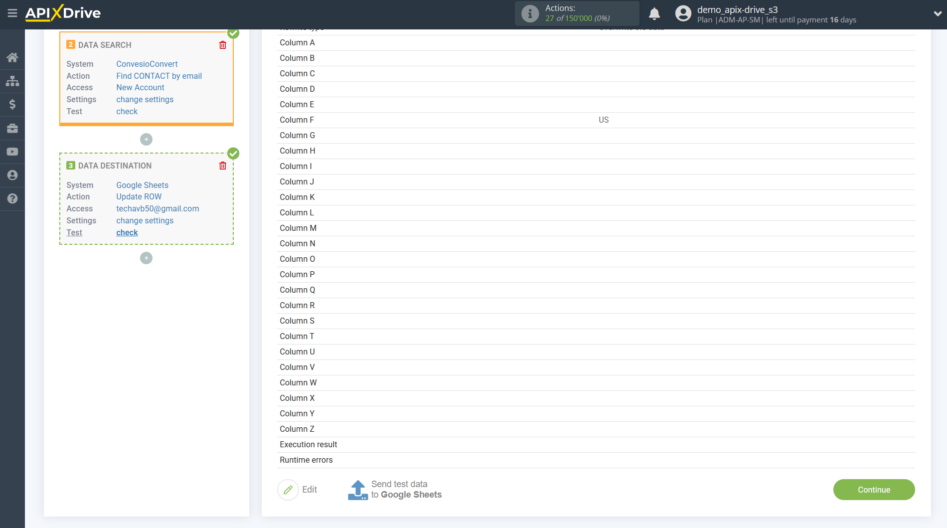 Setting up ConvesioConvert Contact Search in Google Sheets | Test data Setting up ConvesioConvert Contact Search in Google Sheets | Test data