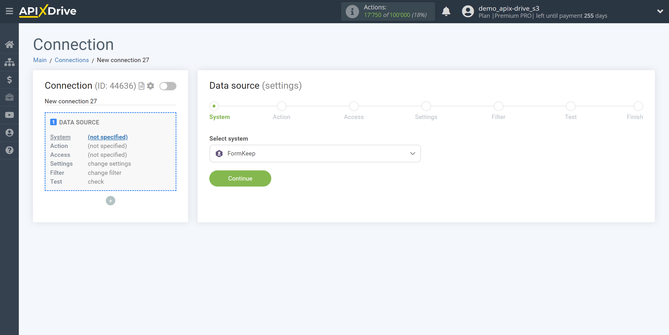 How to Connect FormKeep as Data Source | System selection