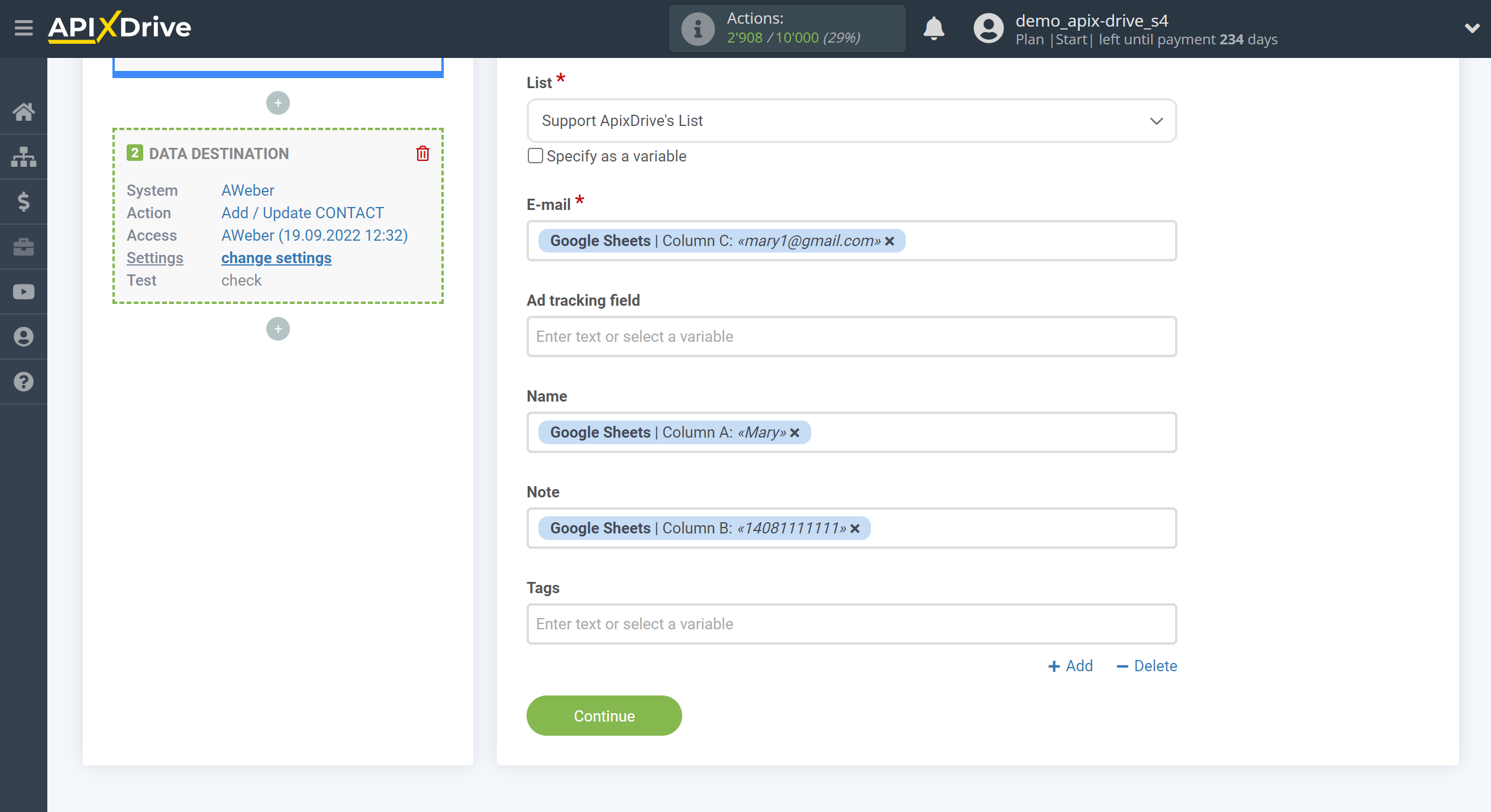 How to Connect Aweber as Data Destination | Assigning fields