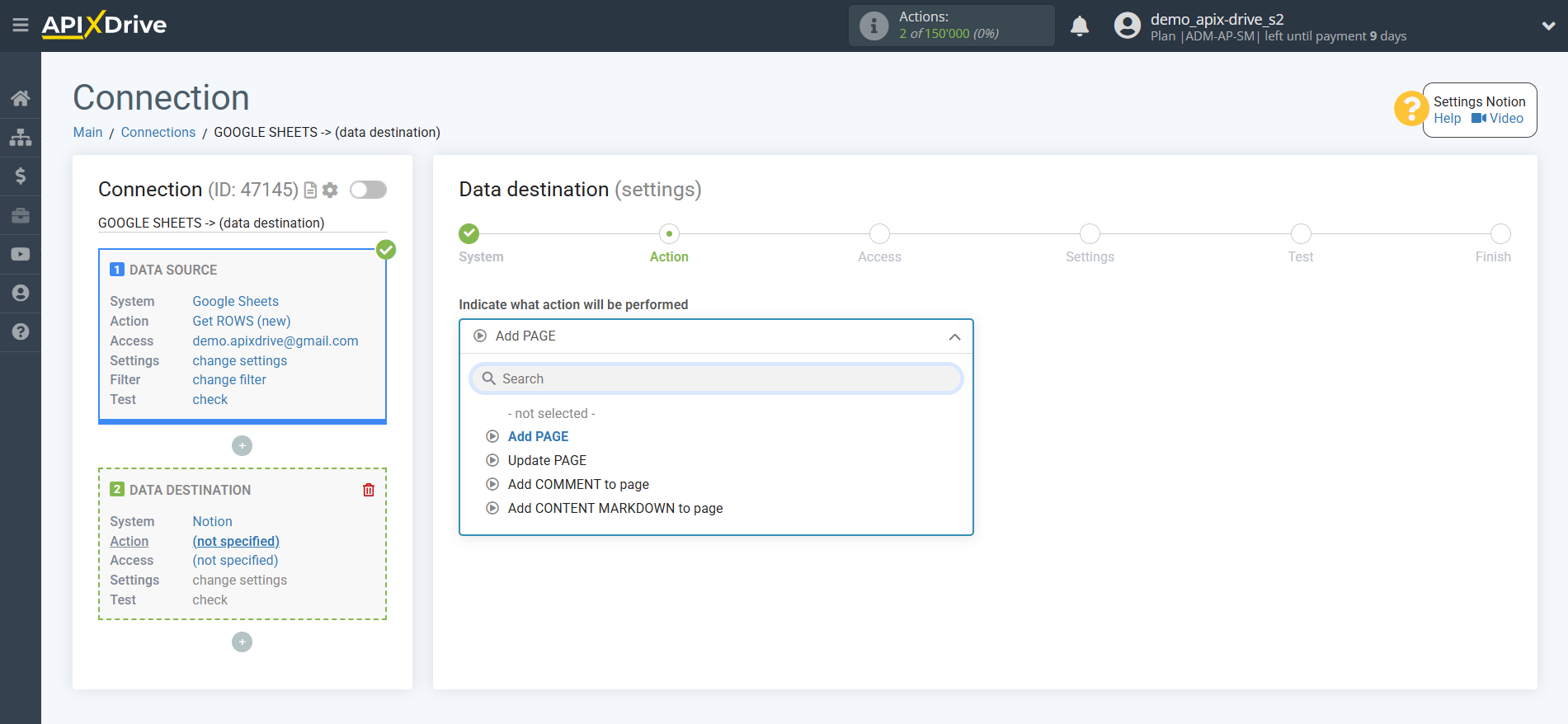 How to Connect Notion as Data Destination | Action selection