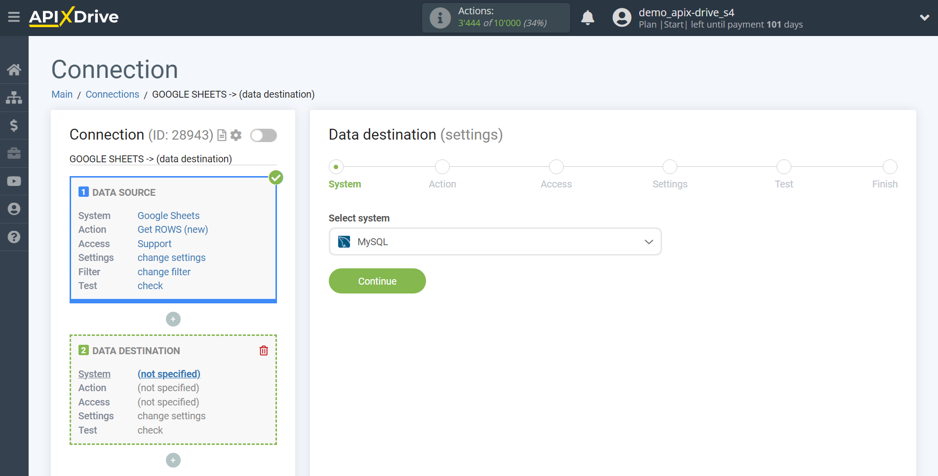 How to Connect MySQL as Data Destination | System selection