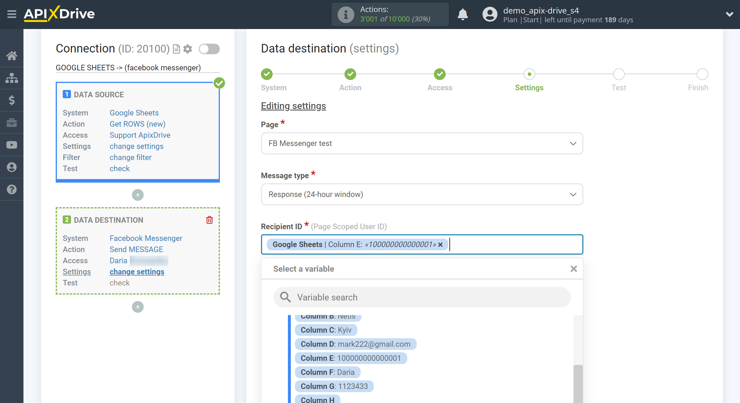 How to Connect Facebook Messenger as Data Destination | Assigning fields