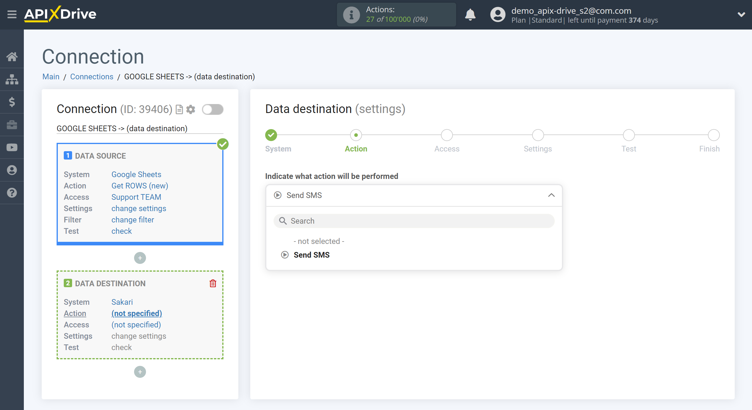 How to Connect Sakari as Data Destination | Action selection