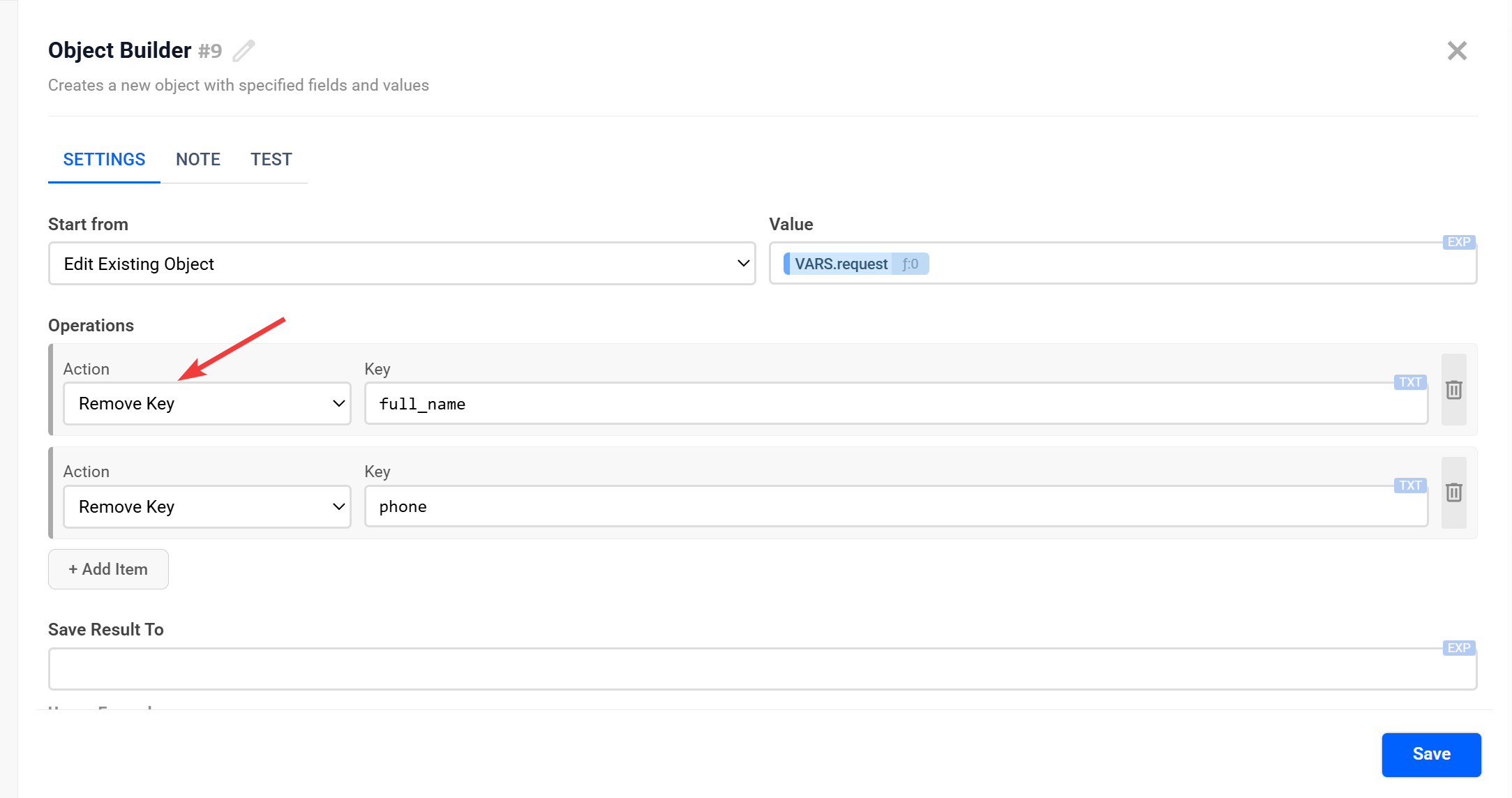 Object Builder | Налаштування дії&nbsp;Remove Key